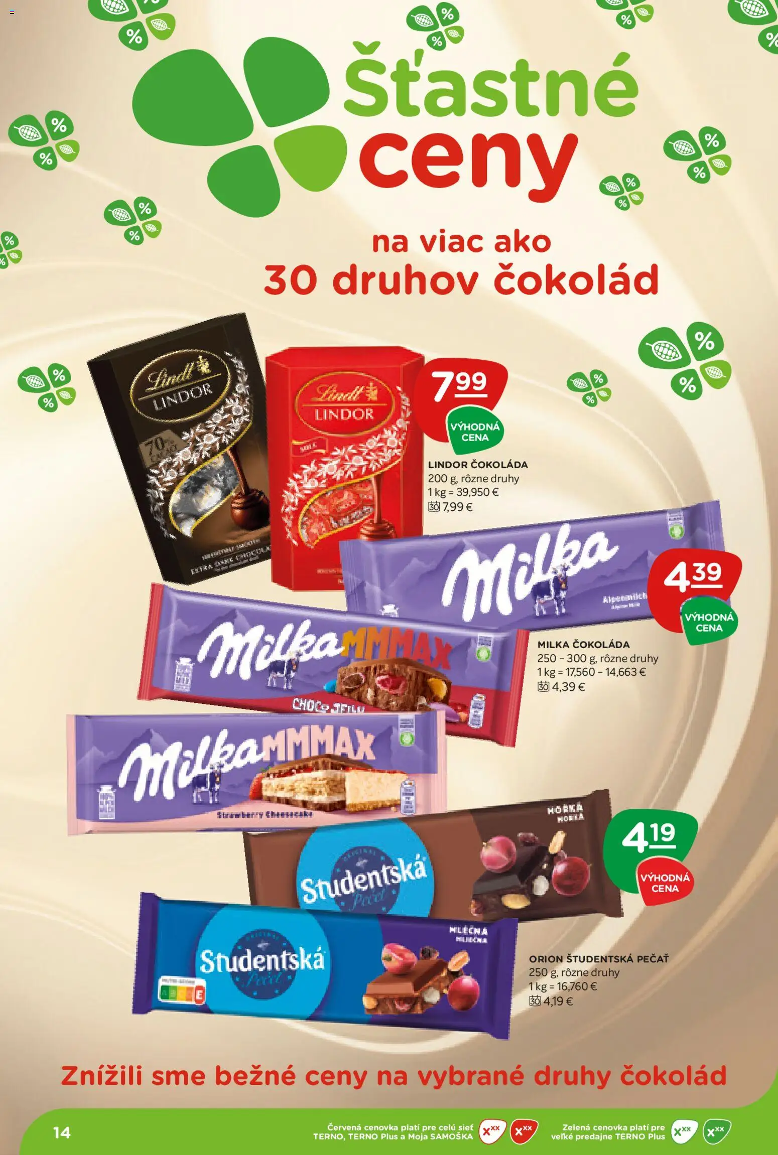 Nové Terno akcie – leták je platný od 30.04.2026 | Strana: 14 | Produkty: Lindor, Čokoláda, Študentská pečať, Milka