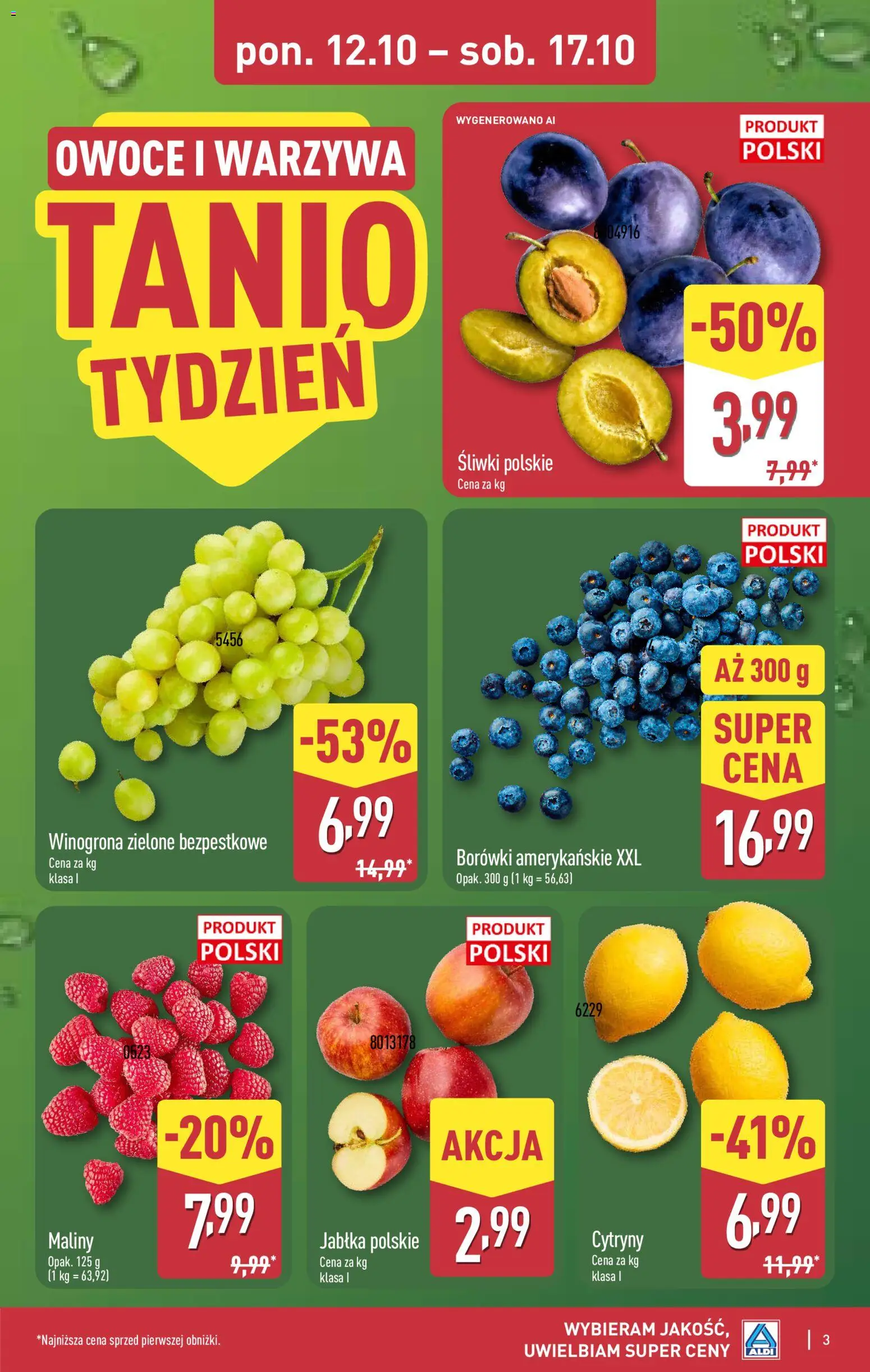 Aldi gazetka od 12.10.2026 | Strona: 3 | Produkty: Winogrona, Borówki, Śliwki, Jabłka