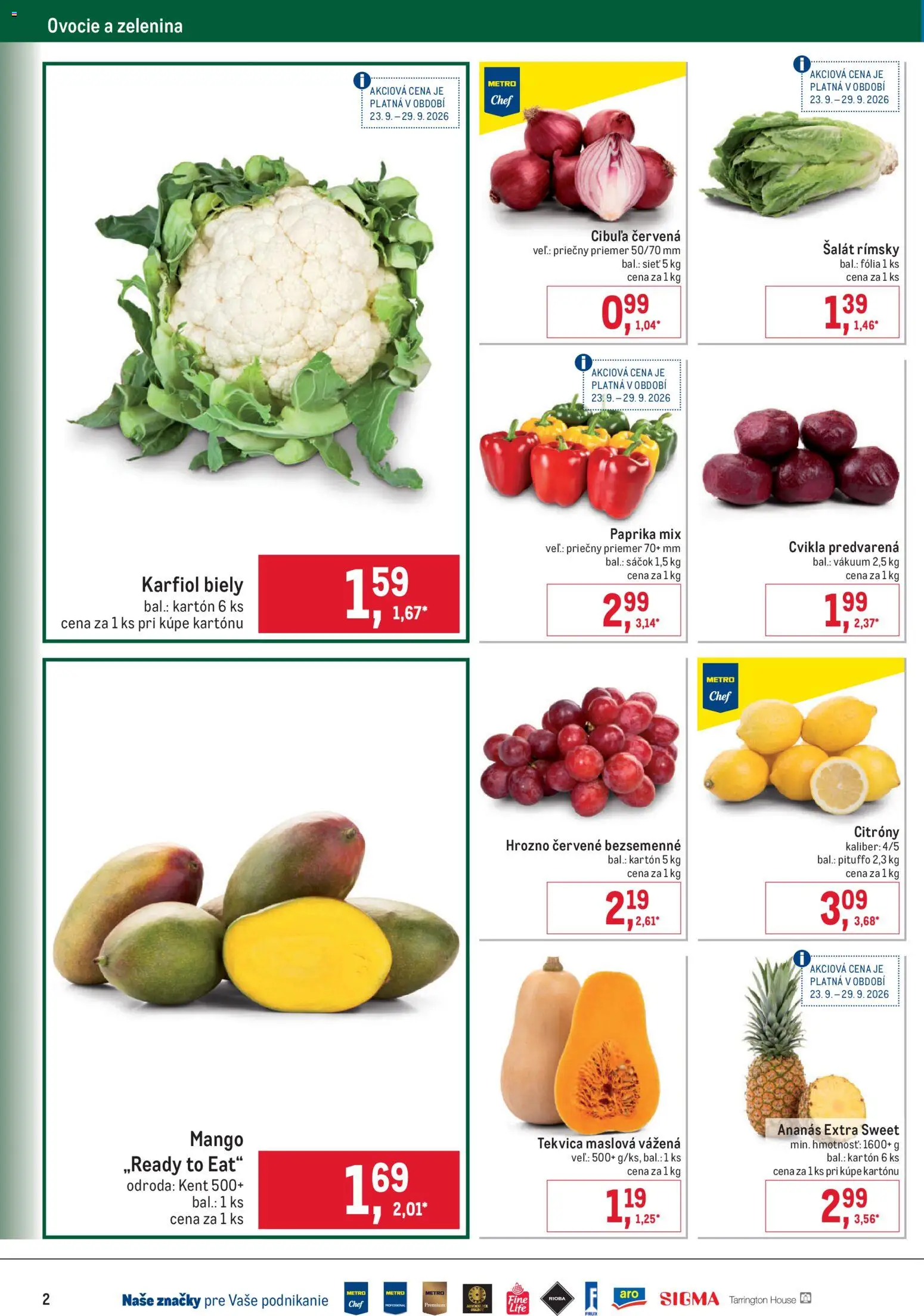 Nové Metro akcie – leták je platný od 23.09.2026 | Strana: 2 | Produkty: Karfiol, Zelenina, Šalát, Ovocie