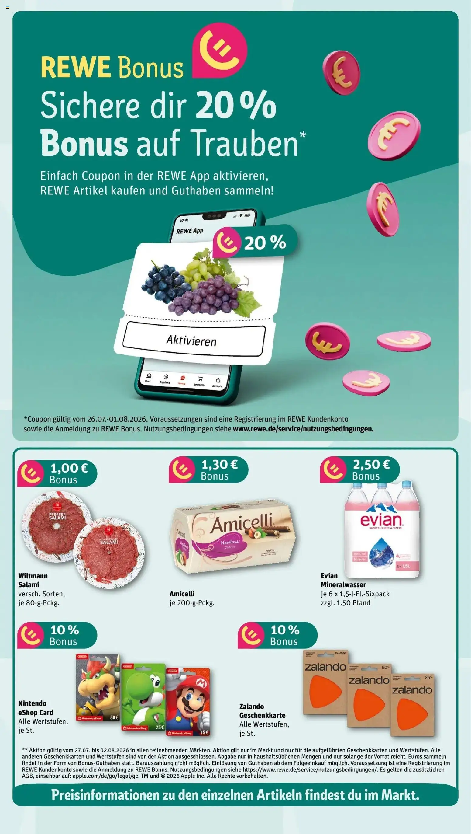 Rewe Prospekt Frankfurt / Heddernheim – gültig ab 27.07.2026 | Seite: 4 | Produkte: Trauben, Mineralwasser, Apple, Salami