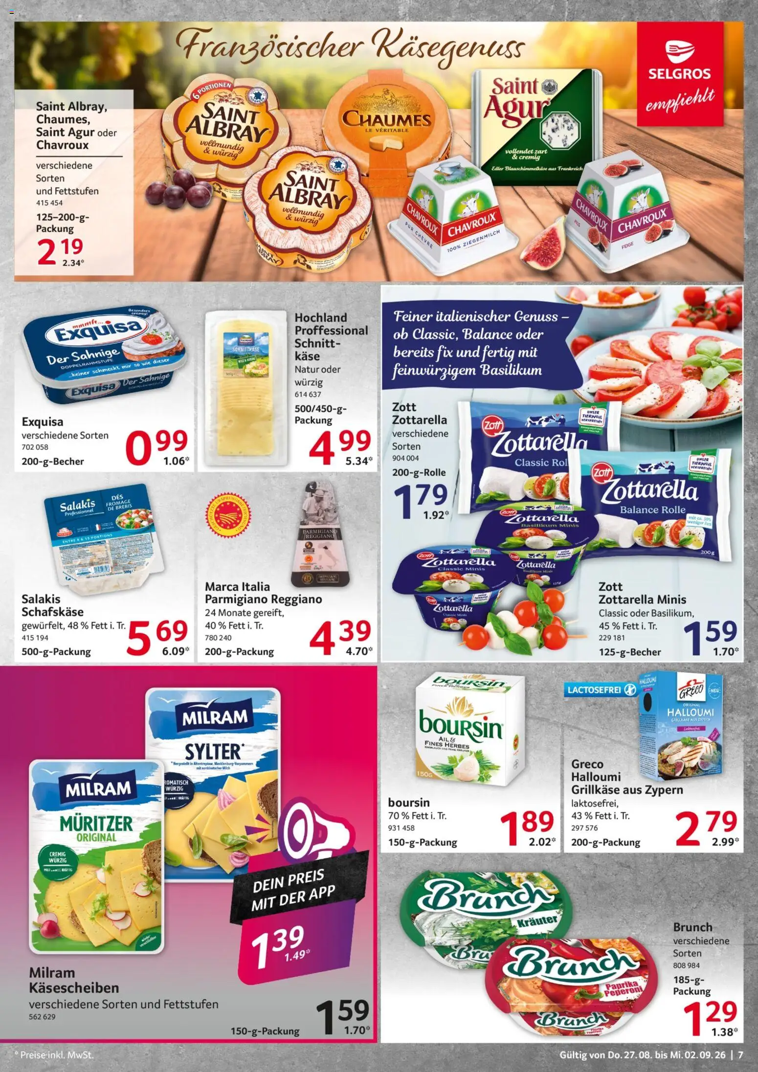 Selgros Prospekt – gültig ab 27.08.2026 | Seite: 7 | Produkte: Exquisa, Milram, Salakis, Schafskase