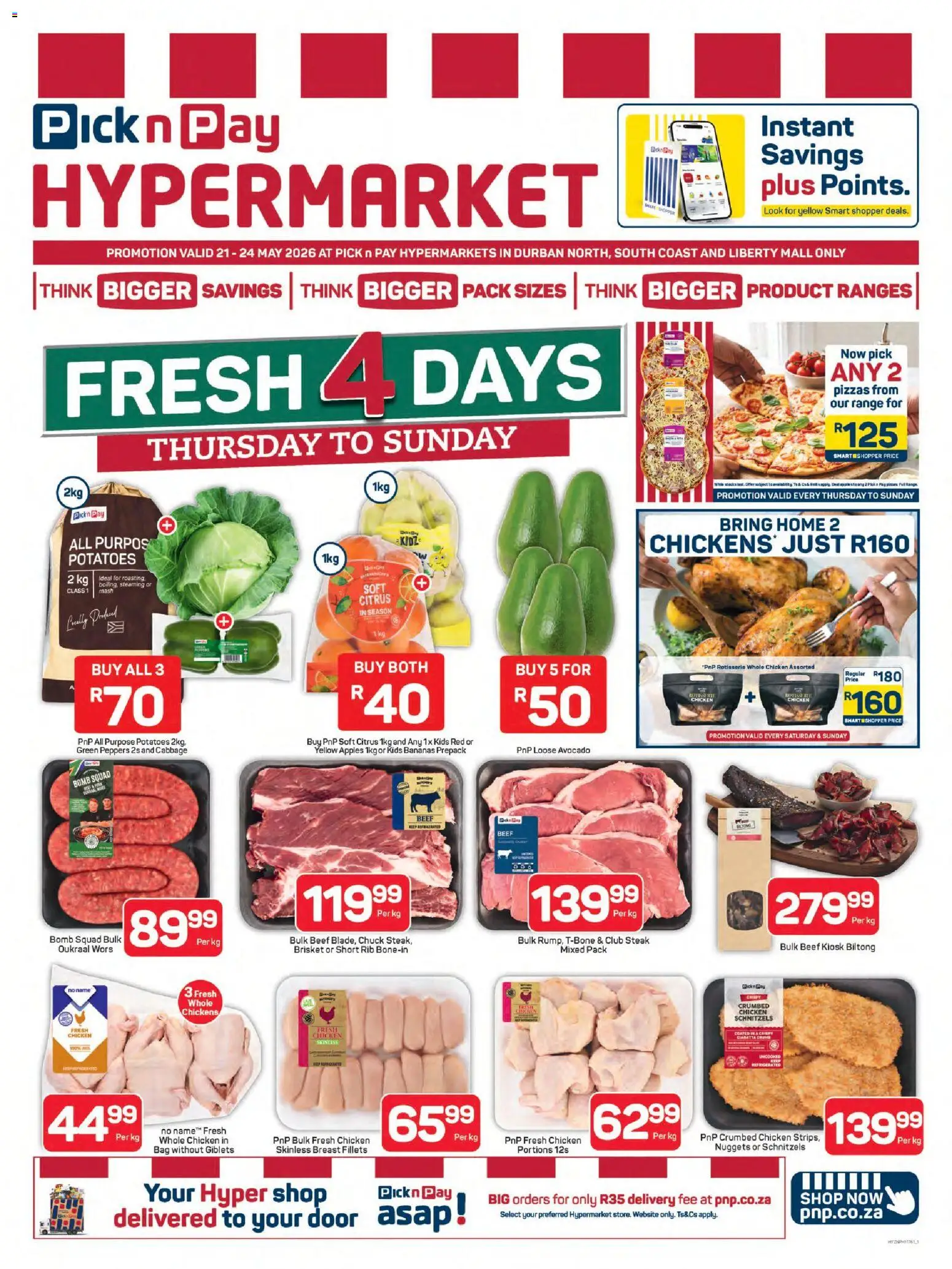 New Pick n Pay catalogue – valid from 21.05.2026 | Page: 1 | Products: Bag, Steak, Bananas, Beef