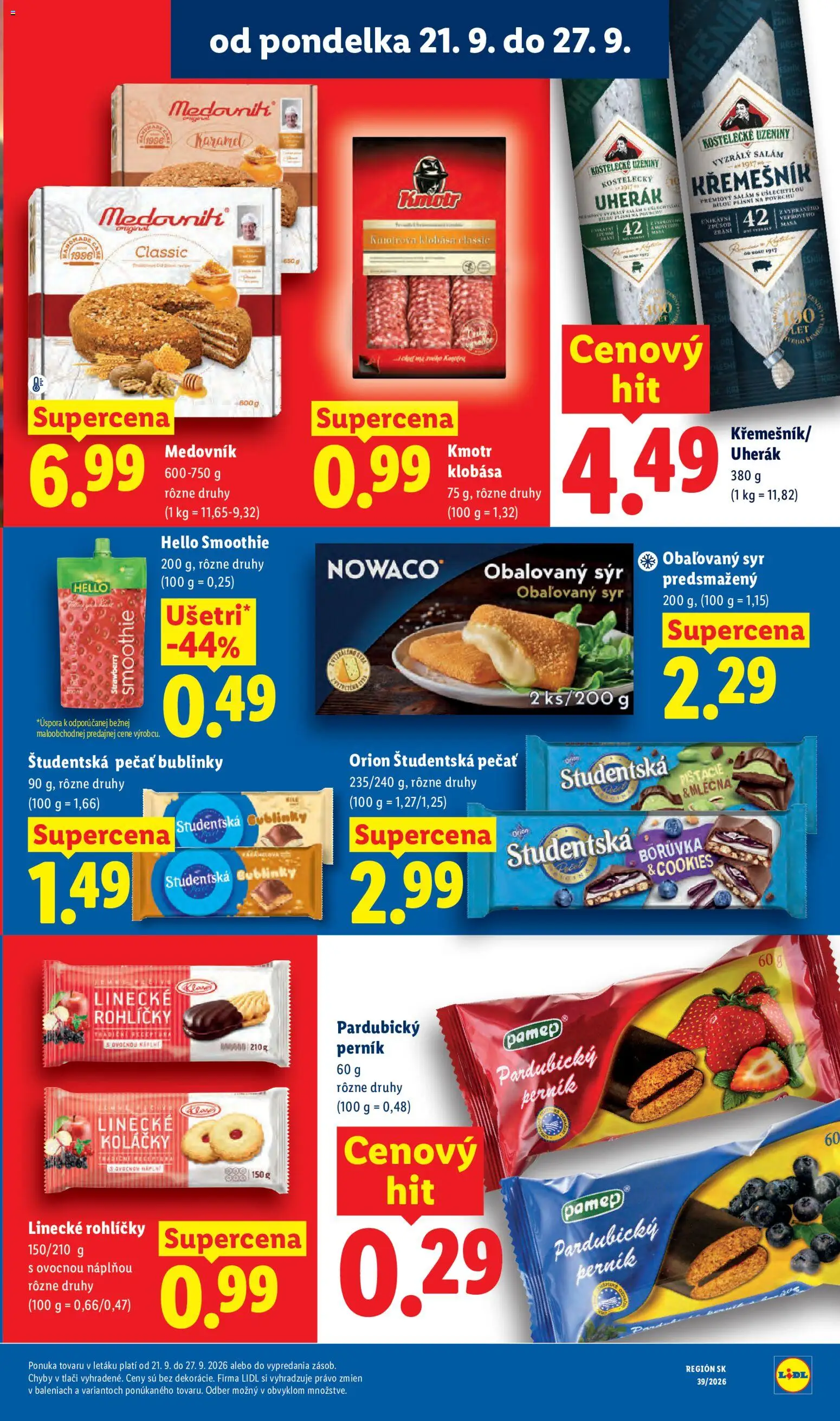 Nové Lidl akcie – leták je platný od 21.09.2026 | Strana: 35 | Produkty: Klobása, Medovník, Študentská pečať, Pistácie