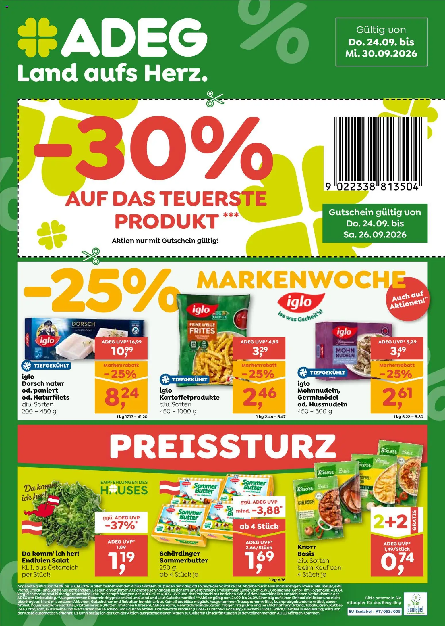 ADEG Flugblatt gültig ab 24.09.2026 | Seite: 1 | Produkte: Salat, Butter, Nudeln