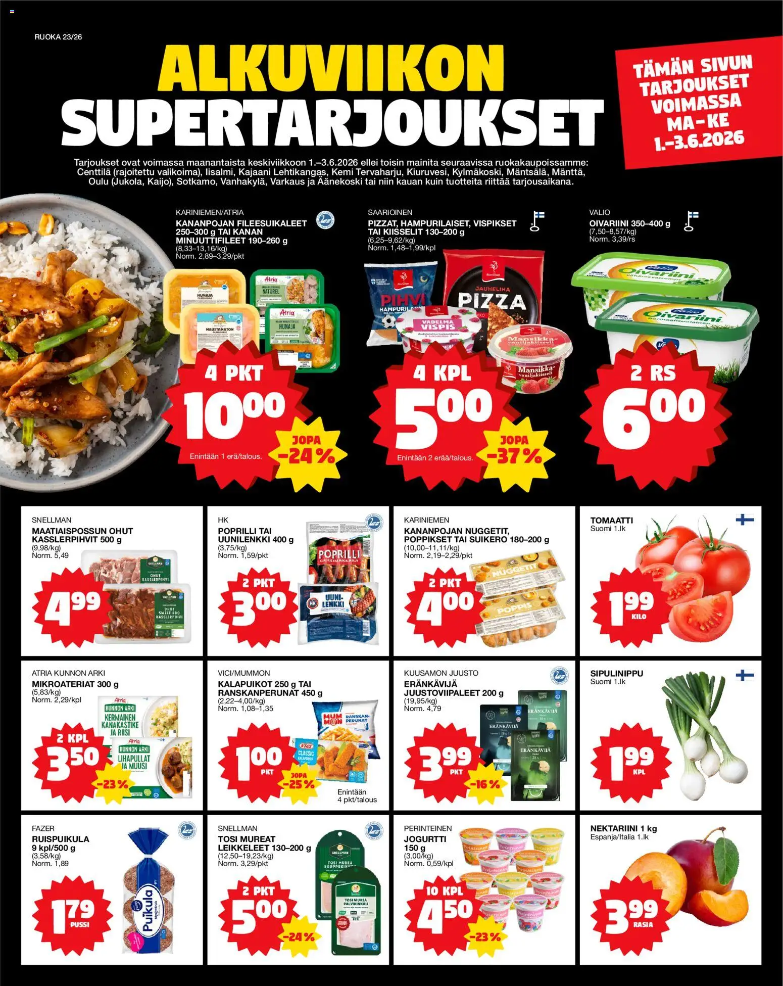 Tokmanni Ruokatarjoukset – voimassa 01.06.2026 alkaen | Sivu: 1 | Tuotteet: Ranskanperunat, Jauheliha, Nektariini, Pizza