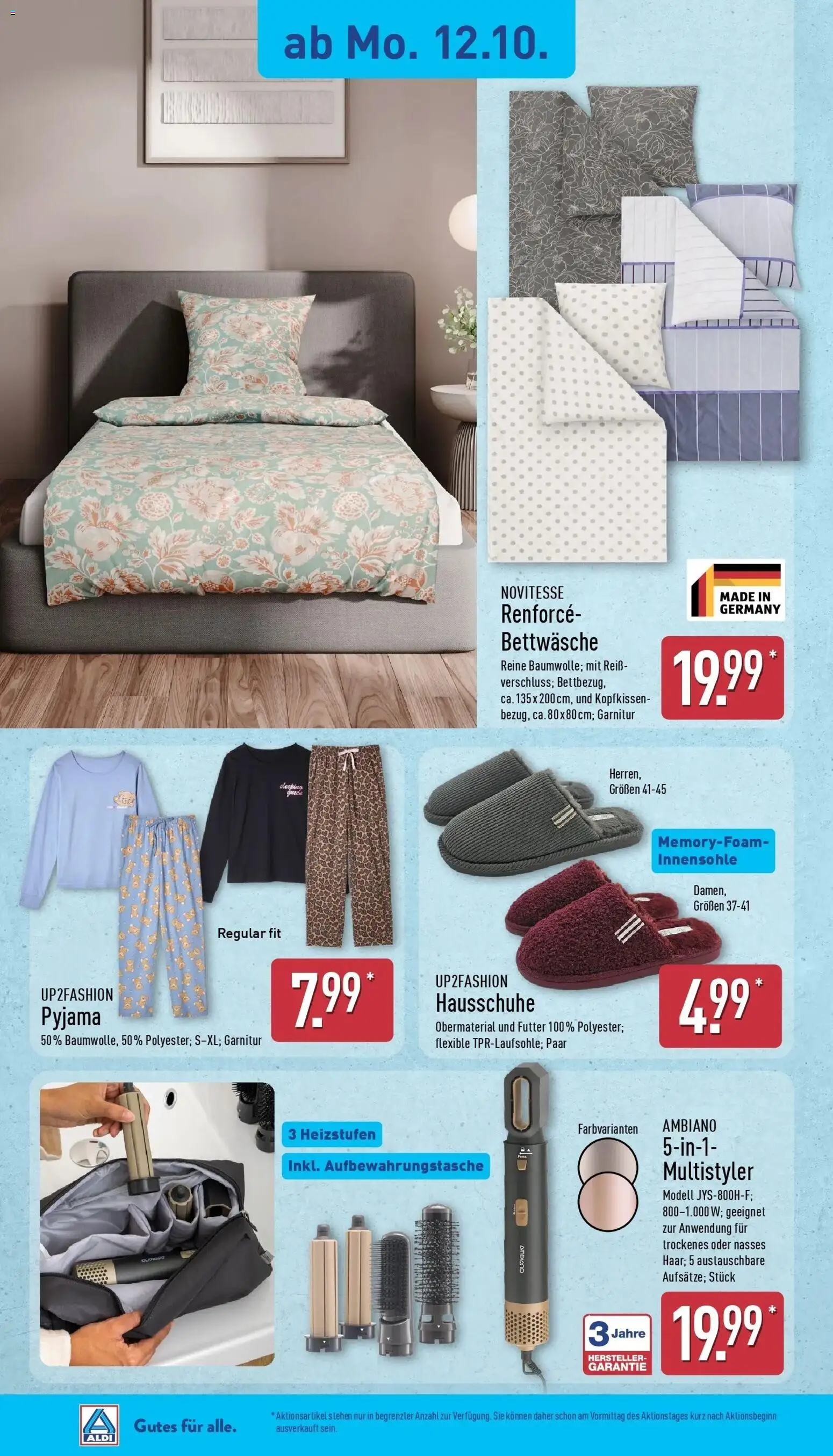 Aldi Aktueller Prospekt (ab 12.10.2026) » Angebote Online | Seite: 20 | Produkte: Bettwäsche, Kopfkissen, Pyjama, Hausschuhe