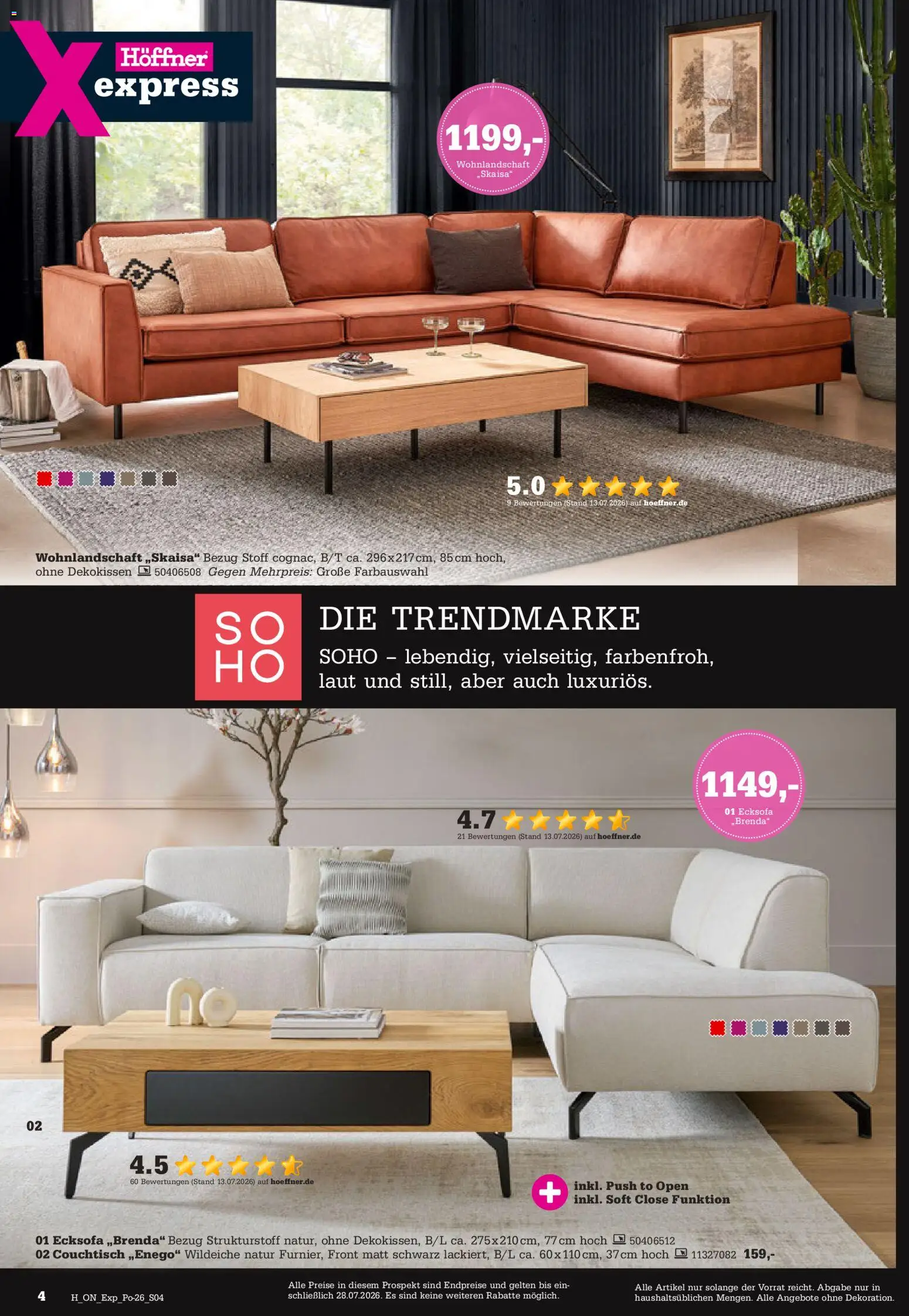 Höffner Prospekt Express spezial – gültig ab 15.07.2026 | Seite: 4 | Produkte: Wohnlandschaft, Ecksofa, Couchtisch