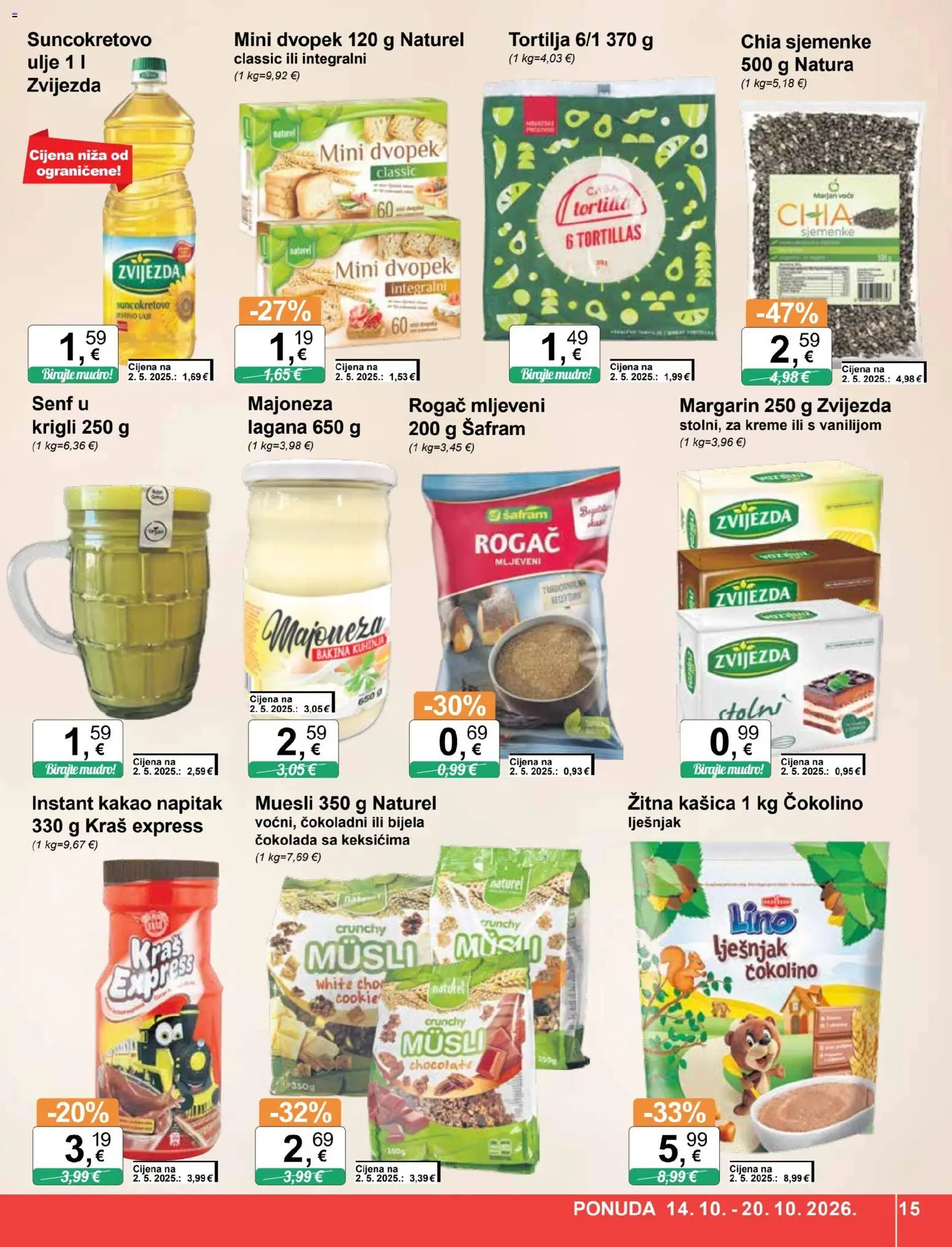 KTC katalog | vrijedi od 14.10.2026 | Stranica: 15 | Proizvodi: Margarin, Musli, Majoneza, Lino