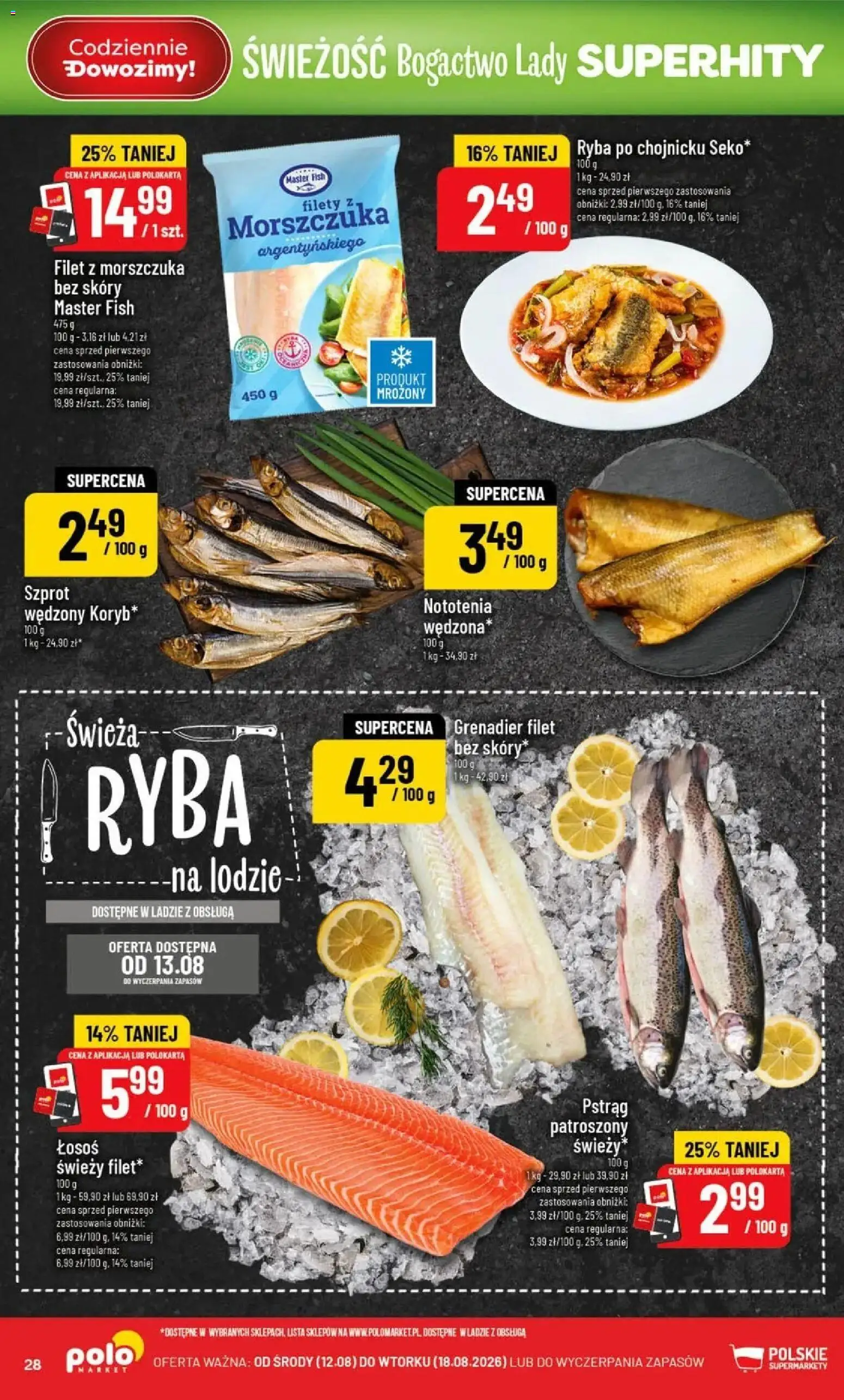 Nowa POLOmarket gazetka od jutra 12.08.2026 | Strona: 28 | Produkty: Pstrąg, Łosoś, Filet, Ryba
