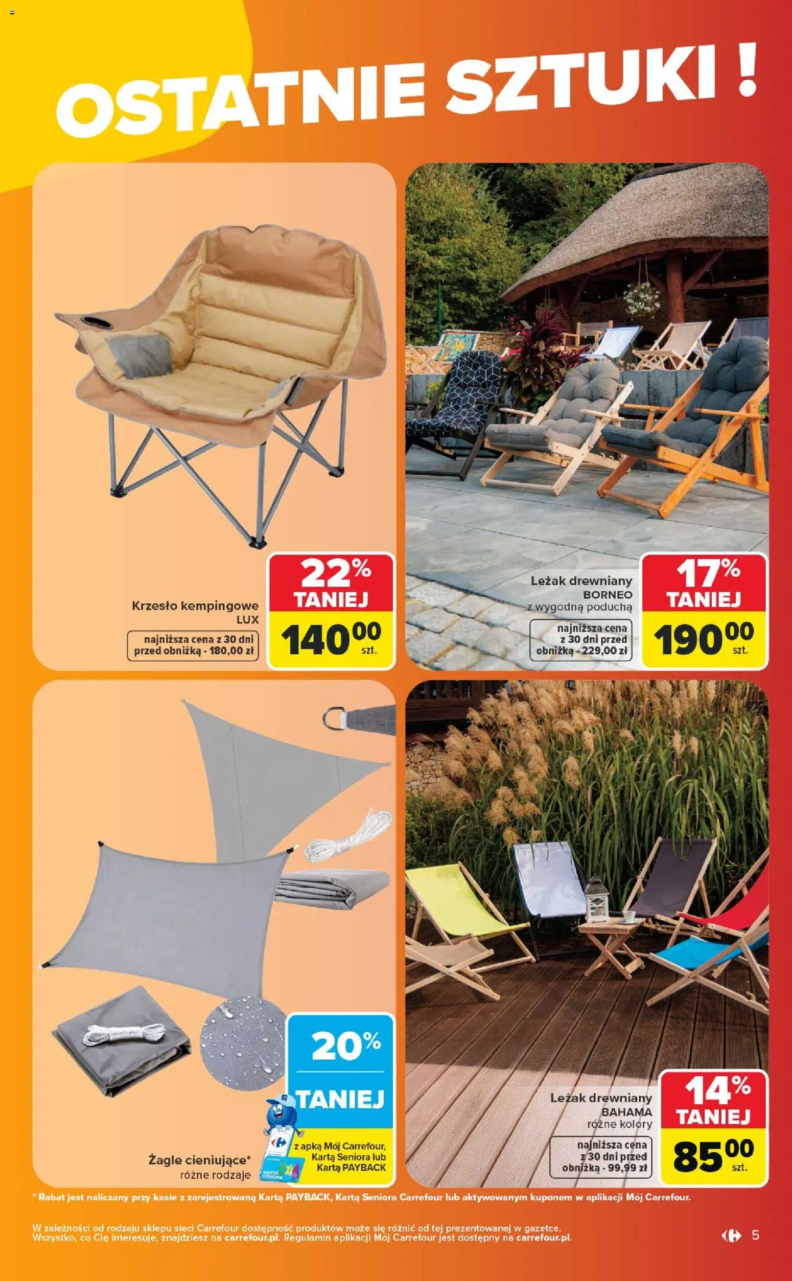 Carrefour gazetka - Ostatnie sztuki i letnie hity od 27.07.2026 | Strona: 5 | Produkty: Karta, Leżak, Krzesło