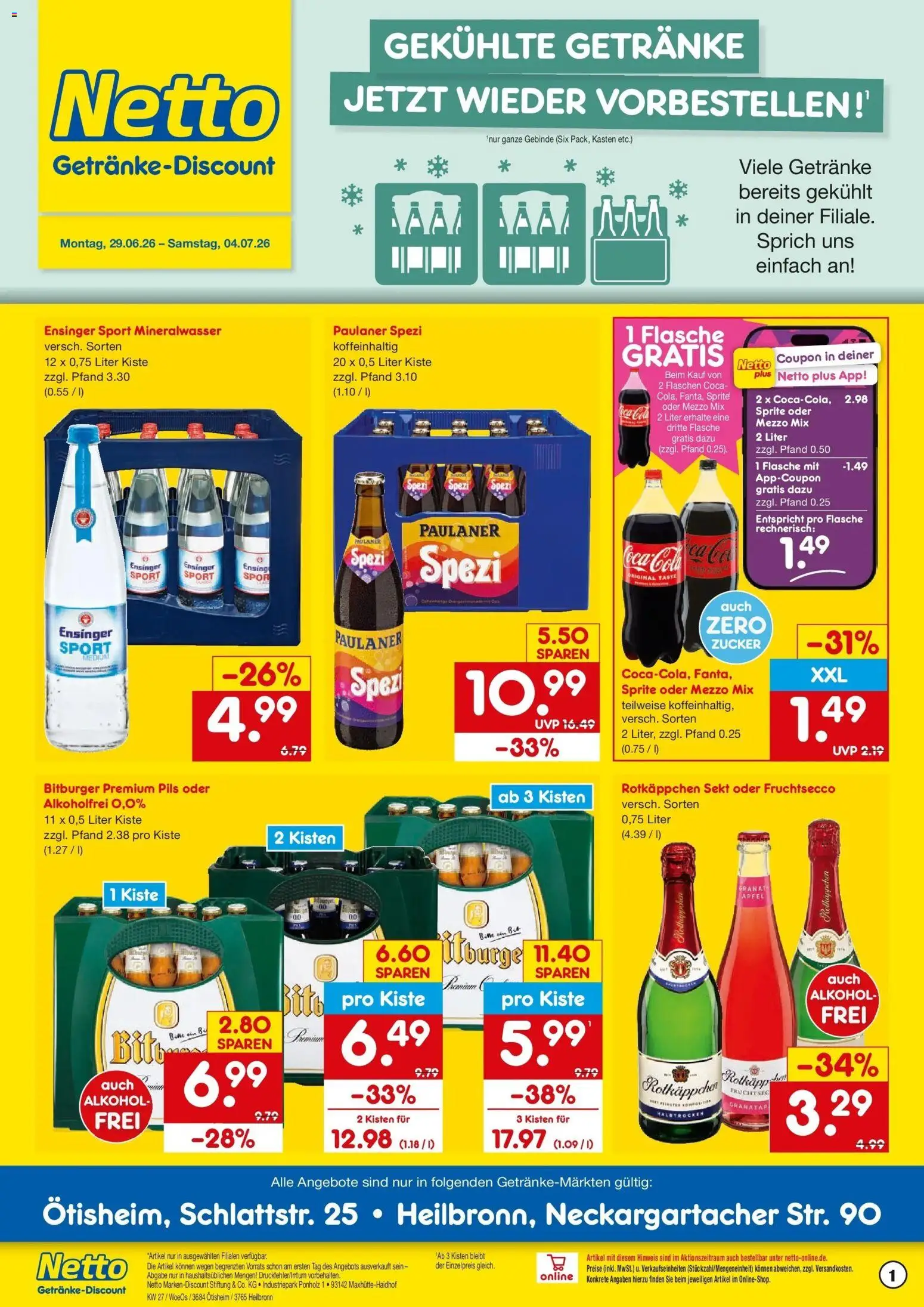 Netto Marken-Discount Prospekt Ötisheim – gültig ab 29.06.2026 | Seite: 1 | Produkte: Mezzo mix, Sprite, Sekt, Rotkäppchen