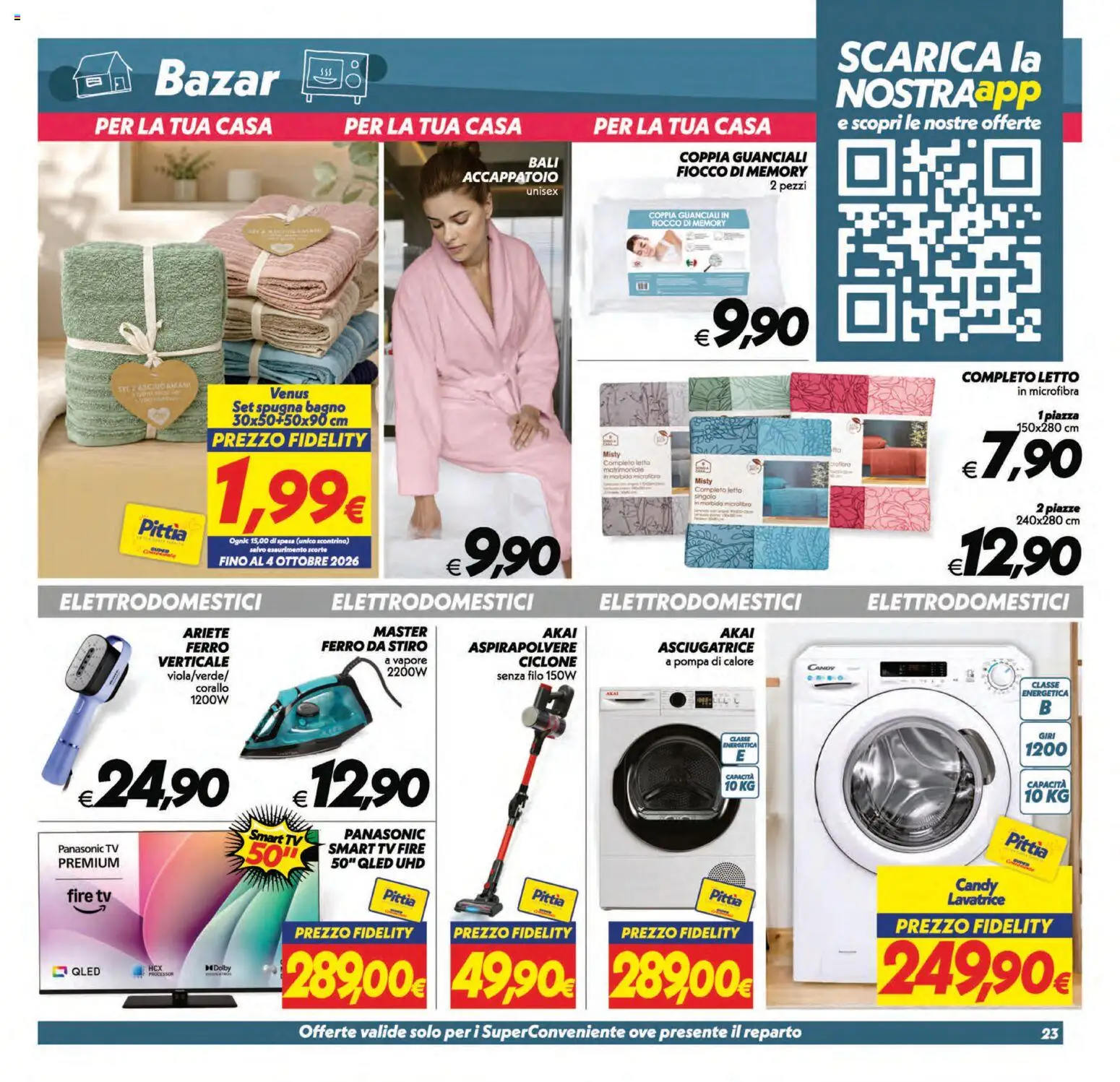 Volantino SuperConveniente del 11/09/2026 | Pagina: 23 | Prodotti: Accappatoio, Lavatrice, Ferro da stiro, Letto