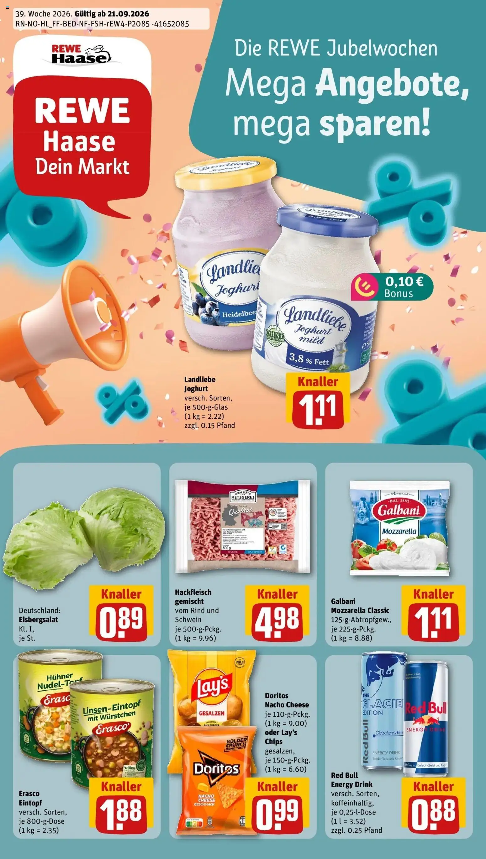 REWE Prospekt ab 21.09.2026 zum Blättern » Angebote | Seite: 1 | Produkte: Red bull, Energy, Mozzarella, Erasco