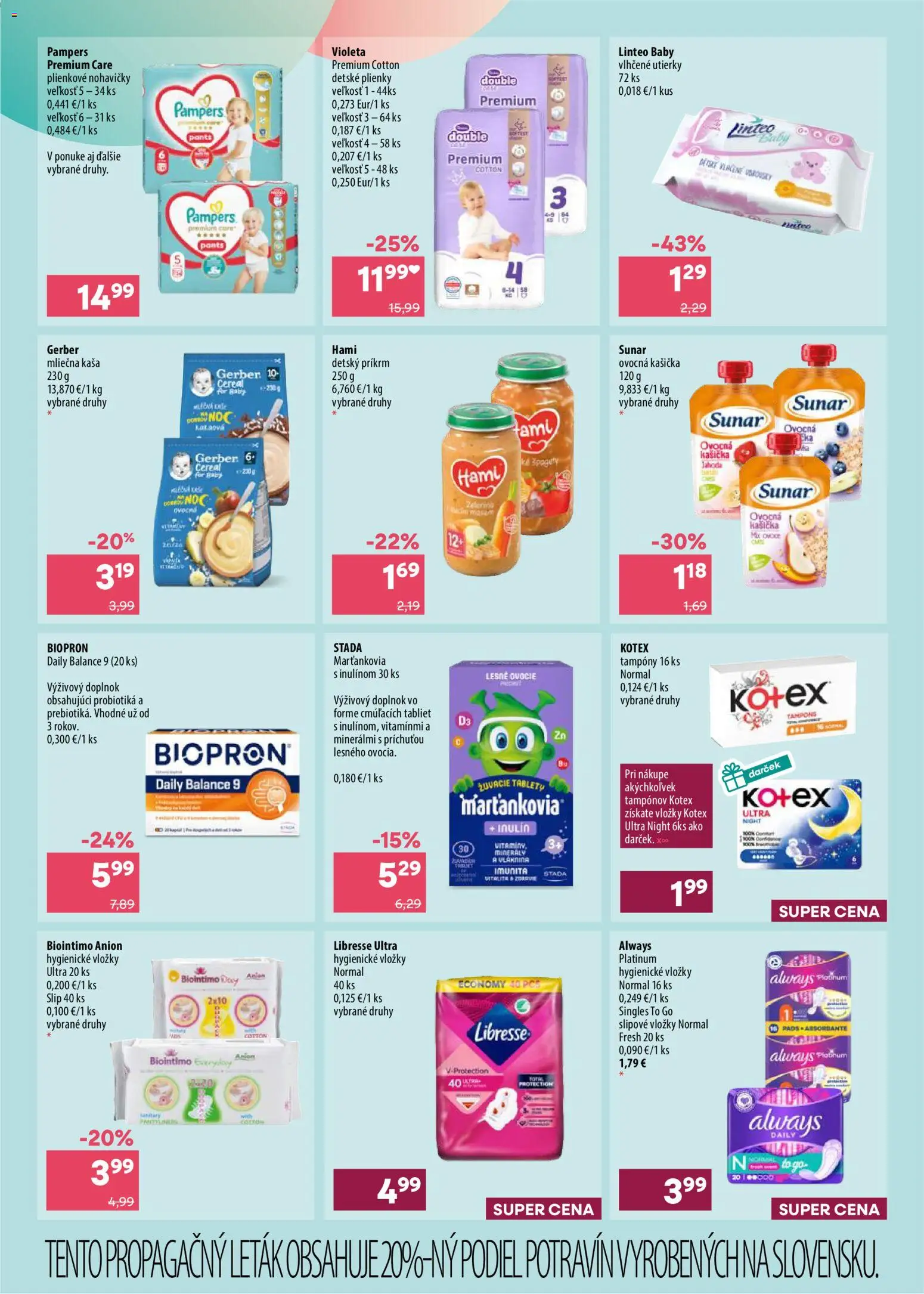Nové 101 drogerie akcie – leták je platný od 23.09.2026 | Strana: 4 | Produkty: Sunar, Plienky, Pampers, Ovocie