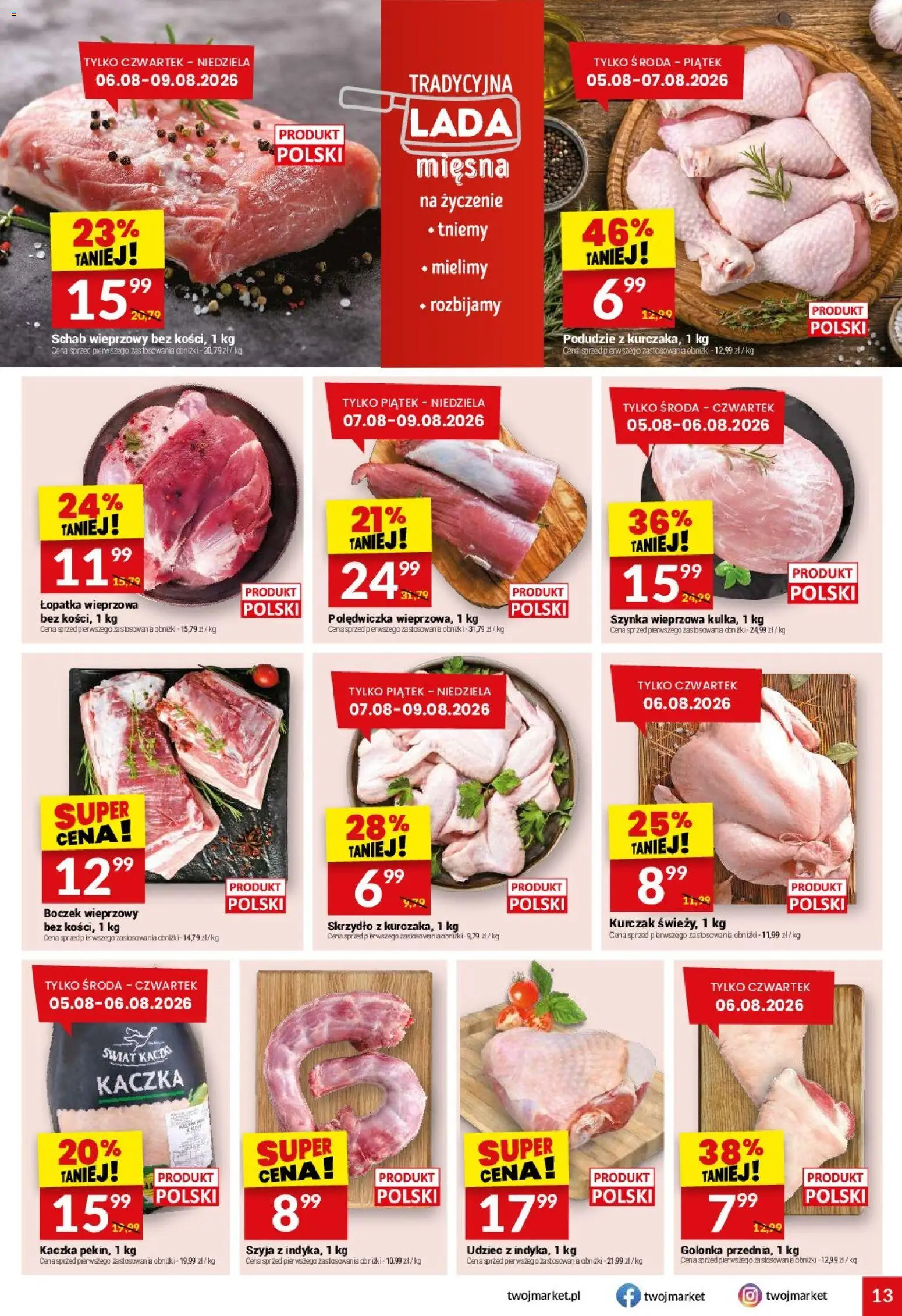 Twój Market gazetka od 05.08.2026 | Strona: 13 | Produkty: Kurczak, Schab wieprzowy, Szynka, Łopatka wieprzowa