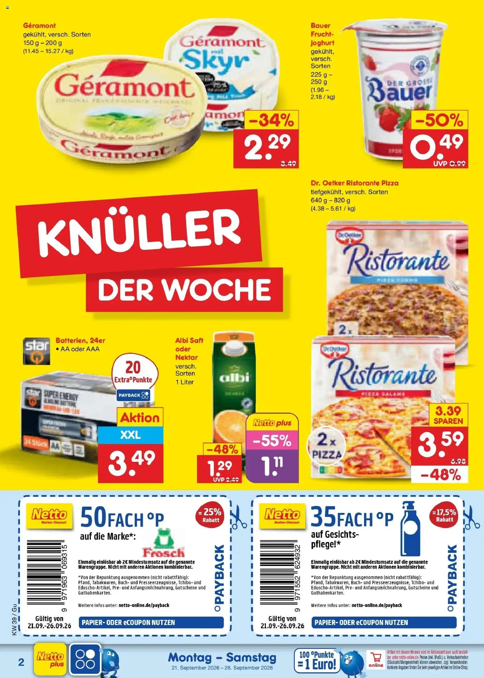 Netto Marken-Discount Prospekt Machern – gültig ab 21.09.2026 | Seite: 2 | Produkte: Geramont, Energy, Joghurt, Pizza