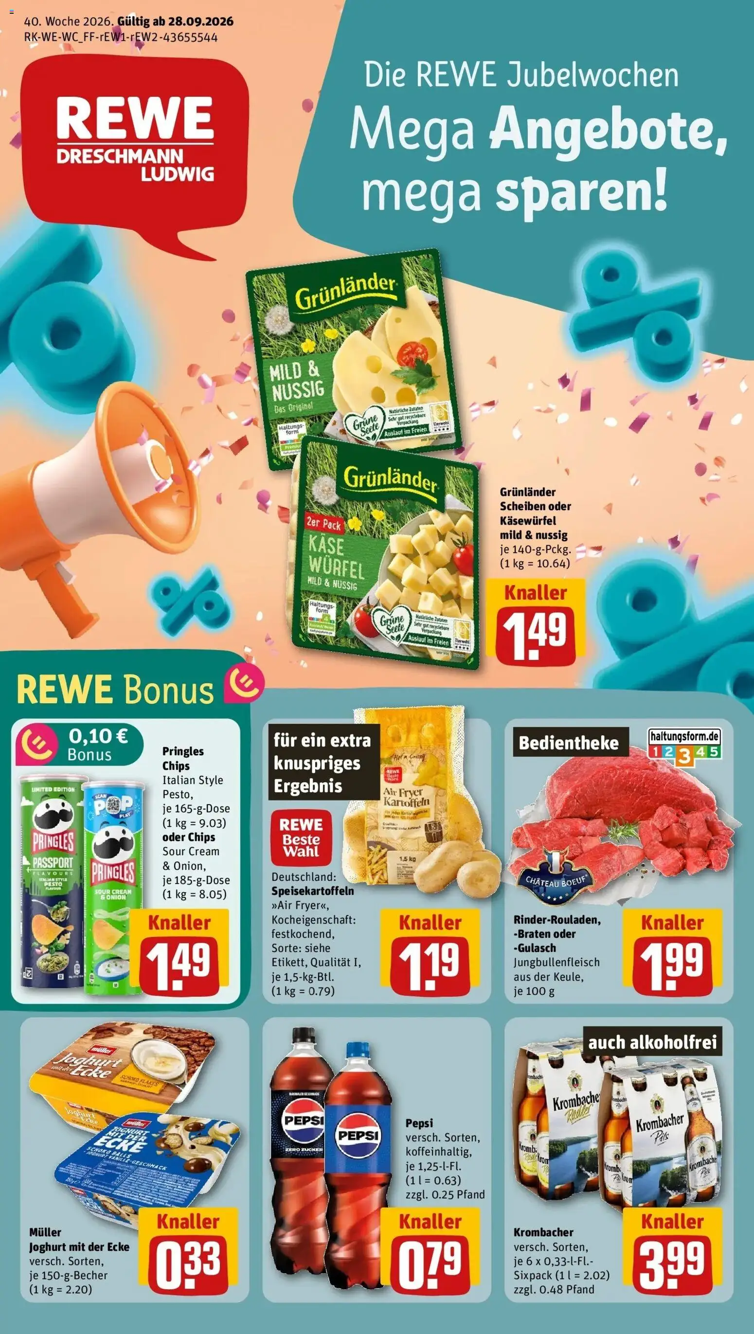 REWE Prospekt ab 28.09.2026 zum Blättern » Angebote | Seite: 1 | Produkte: Joghurt, Radler, Gulasch, Chips