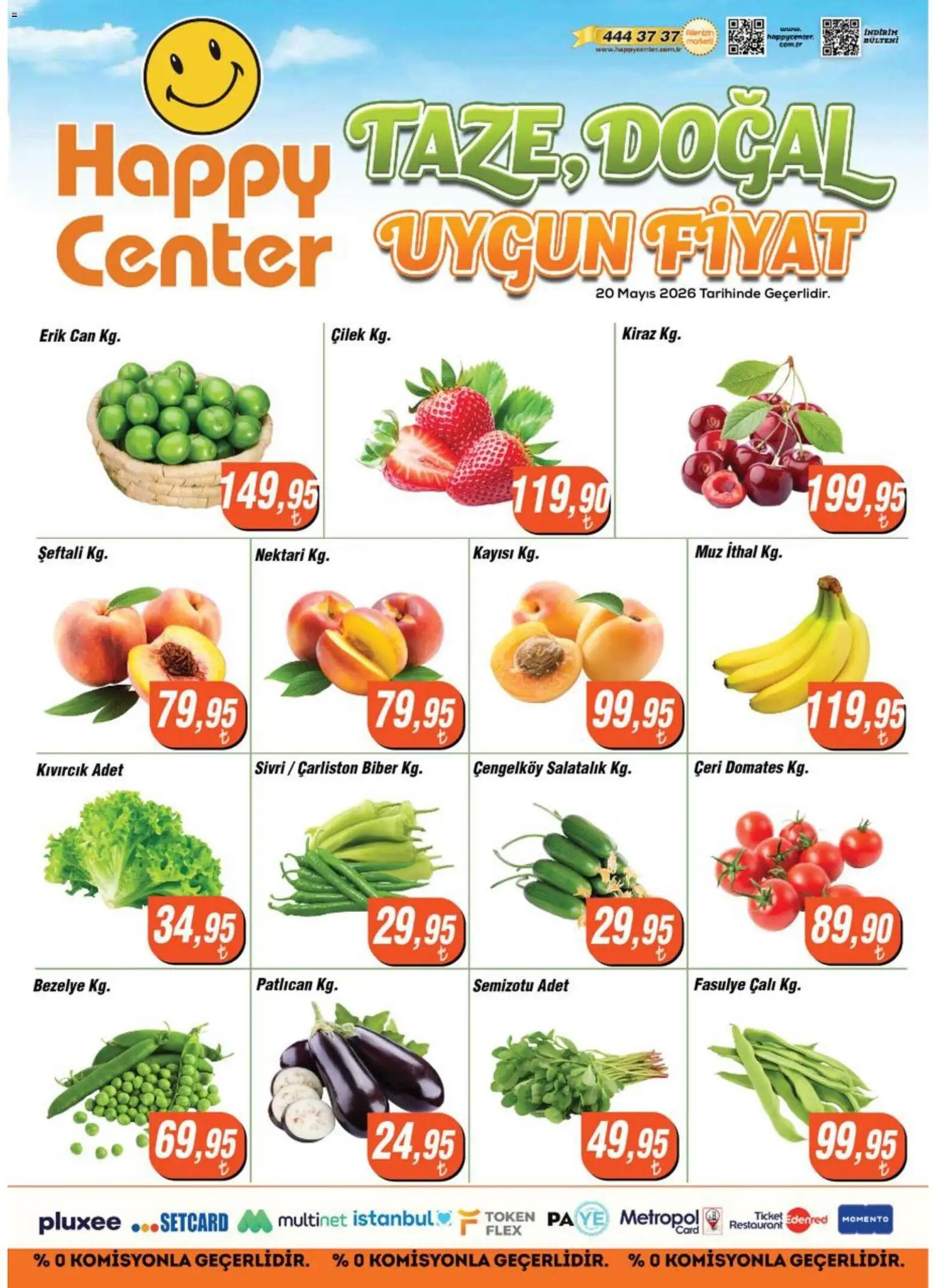 Happy Center - Manav - 20.05.2026 tarihinden itibaren geçerlidir | Sayfa: 1 | Ürünler: Muz, Çilek, Salatalık, Bezelye