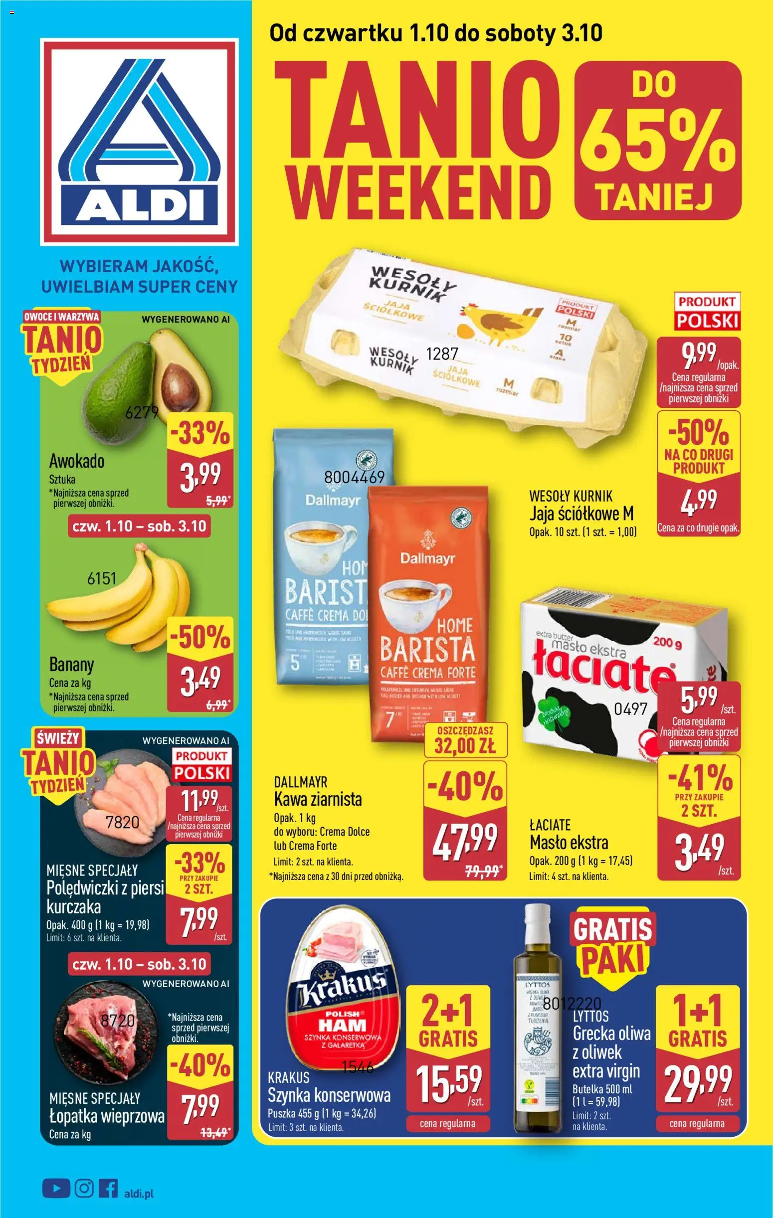Aldi Polsko leták - Oferta weekendowa od 01.10.2026 | Strana: 1 | Produkty: Banány, Crema, Lopatka, Caffè crema