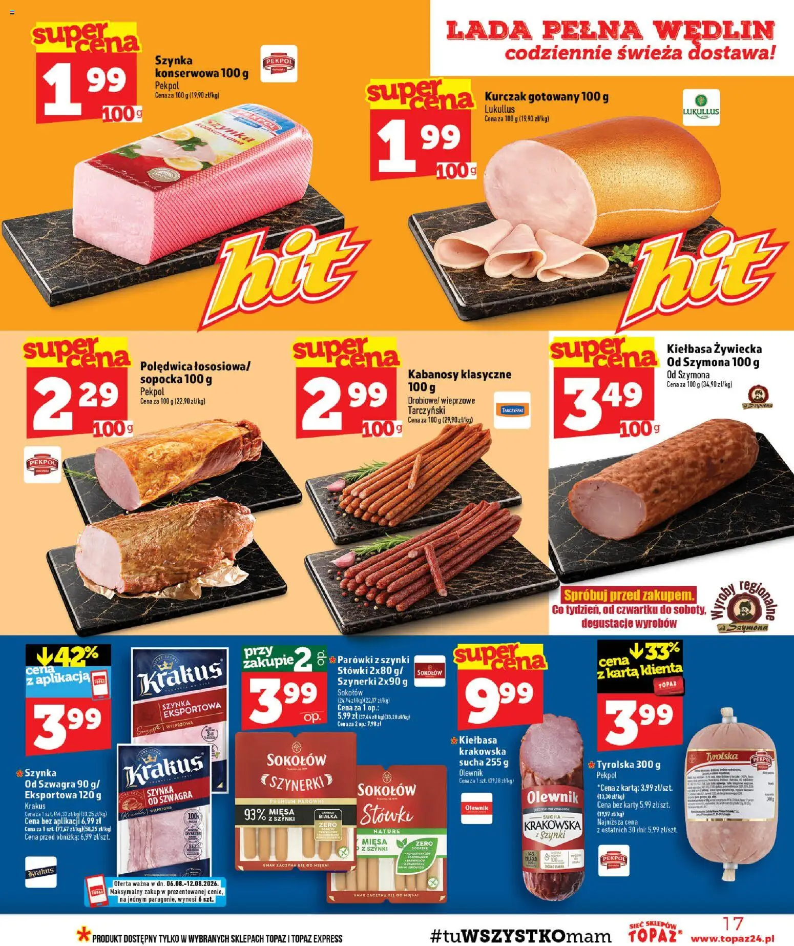 Topaz gazetka od 06.08.2026 | Strona: 17 | Produkty: Kiełbasa, Karta, Kurczak, Kabanosy