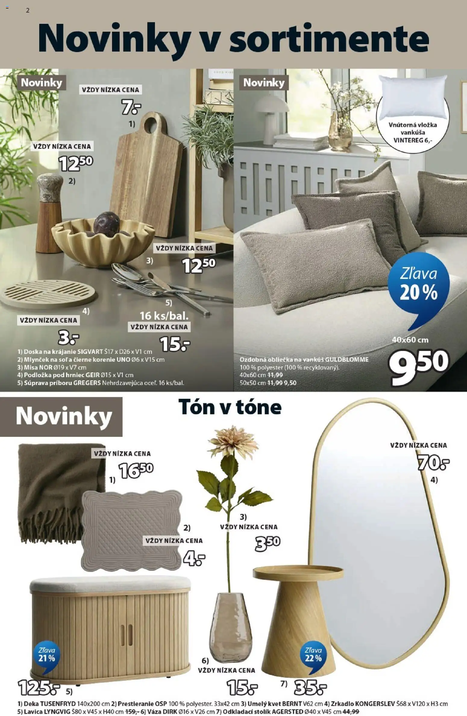 Nové JYSK akcie – leták je platný od 19.08.2026 | Strana: 2 | Produkty: Vankúš, Zrkadlo, Odkladací stolík, Lavica