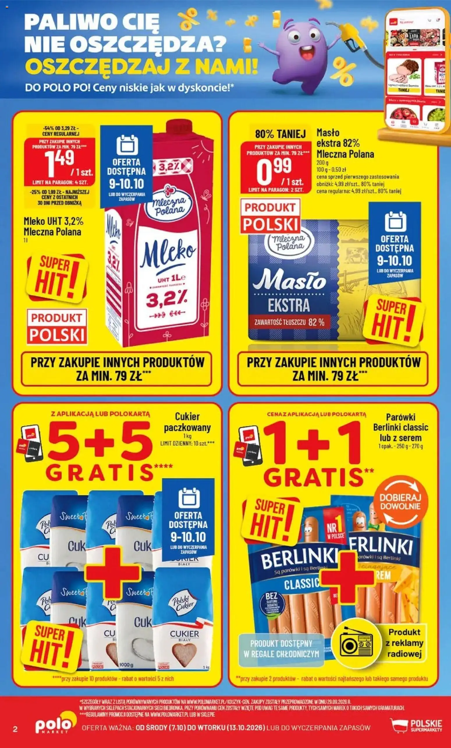 Nowa POLOmarket gazetka od jutra 07.10.2026 | Strona: 2 | Produkty: Serem, Masło, Mleko UHT, Berlinki