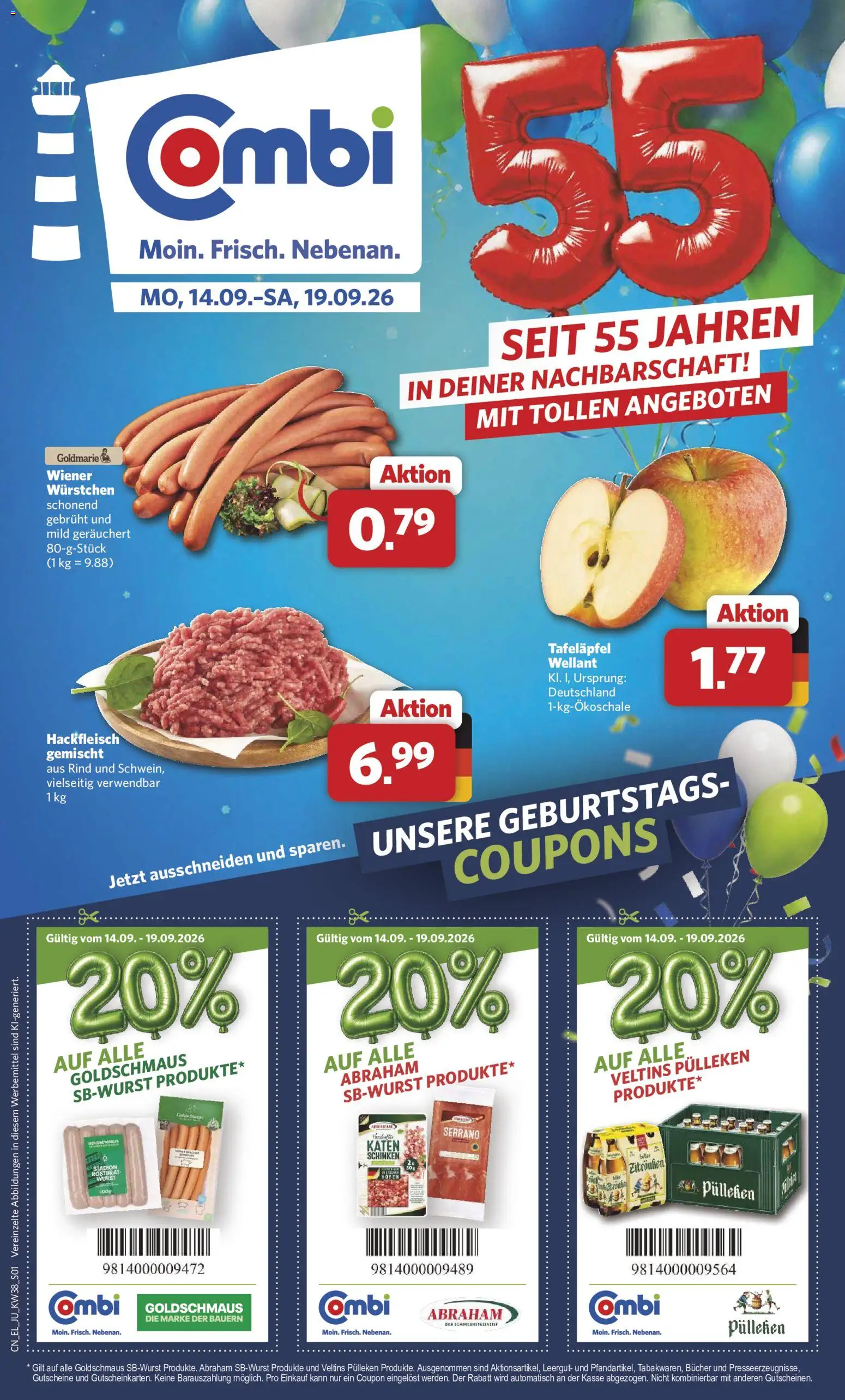 Combi Sonderangebote – gültig ab 14.09.2026 | Seite: 1 | Produkte: Veltins pulleken, Wurst, Schinken, Hackfleisch