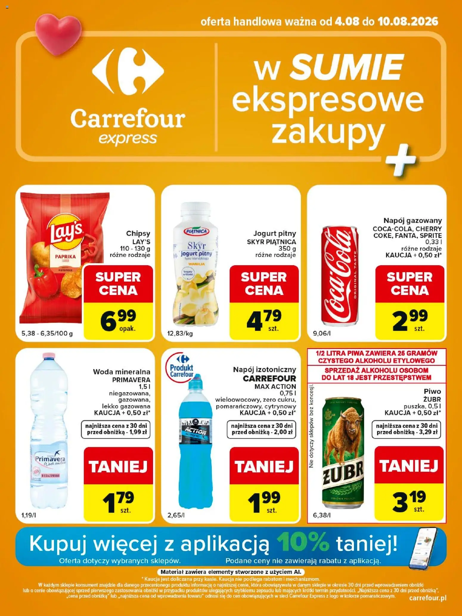 Carrefour gazetka - Express II od 04.08.2026 | Strona: 1 | Produkty: Chipsy, Skyr piątnica, Piwo, Woda