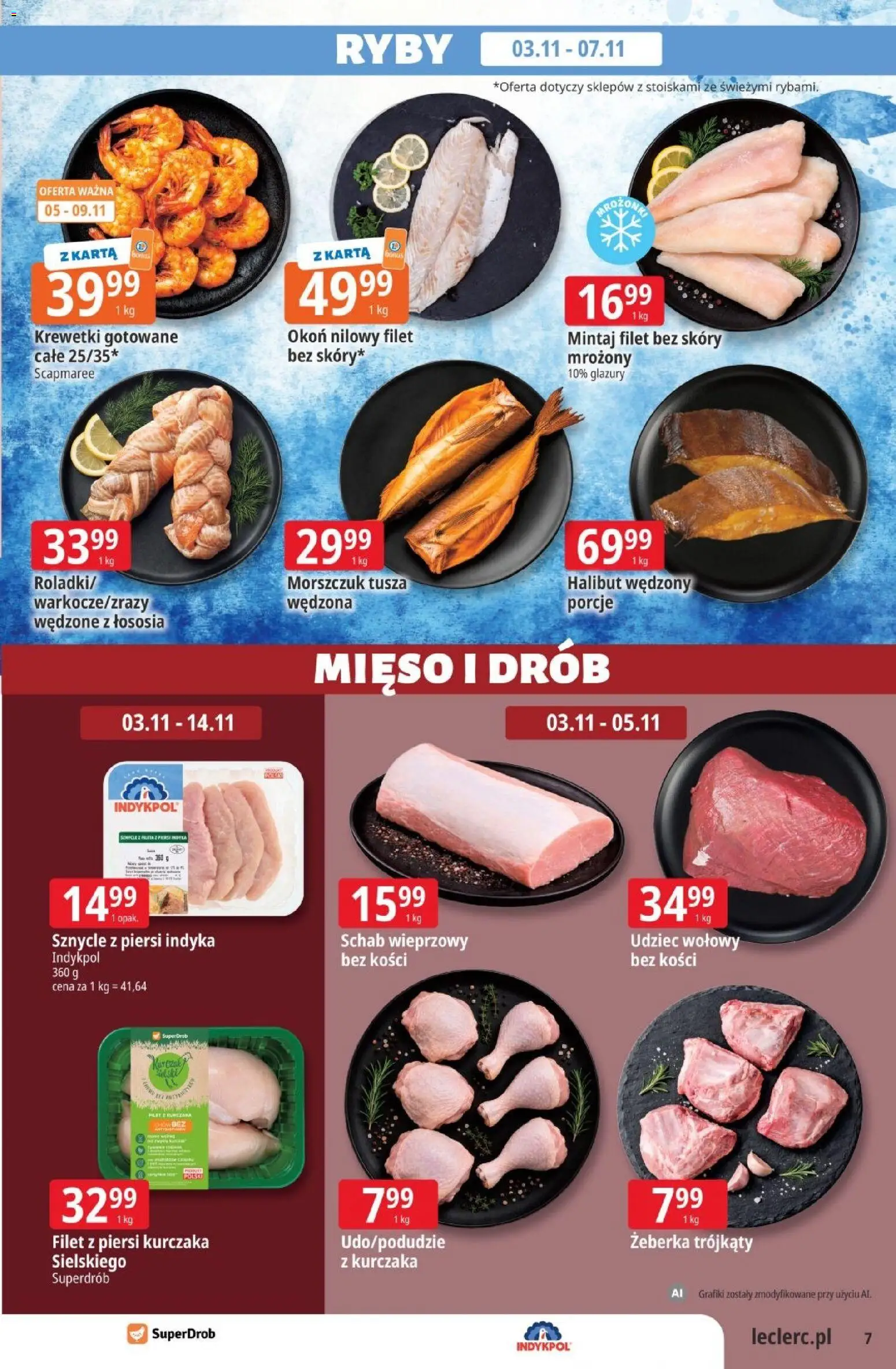 E.Leclerc - Ulotka od 03.11.2026 | Strona: 7 | Produkty: Mięso, Krewetki, Morszczuk, Ryby