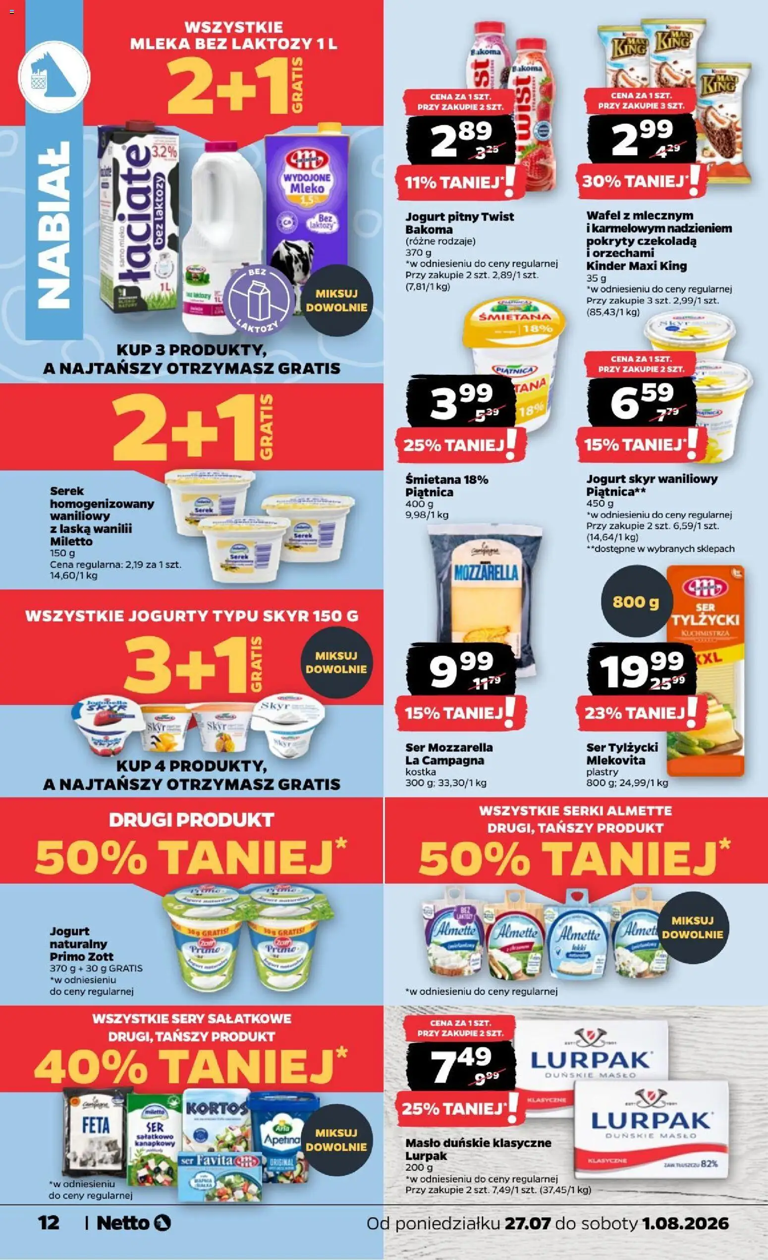 Netto gazetka od poniedziałku od 27.07.2026 | Strona: 12 | Produkty: Jogurt pitny, Jogurt naturalny, Mleka, Śmietana