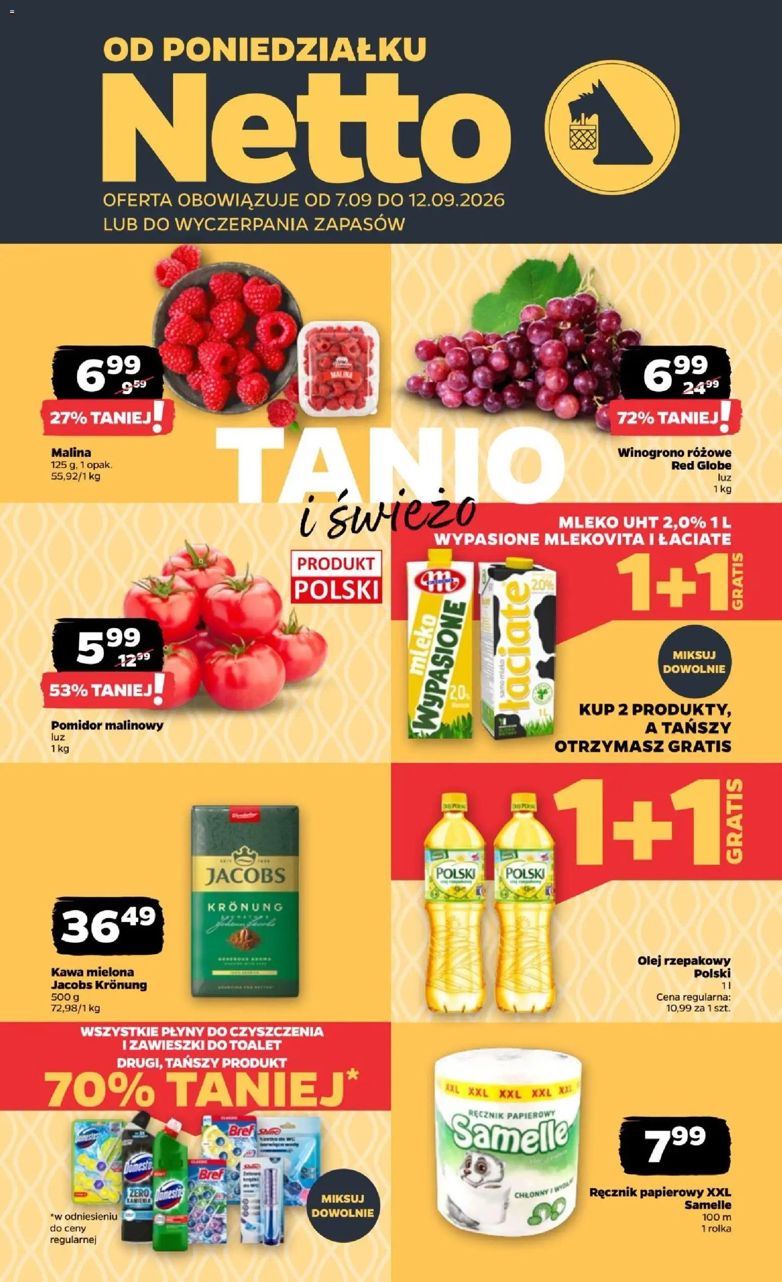 Netto gazetka od poniedziałku od 07.09.2026 | Strona: 1 | Produkty: Olej rzepakowy, Winogrono, Pomidor, Olej