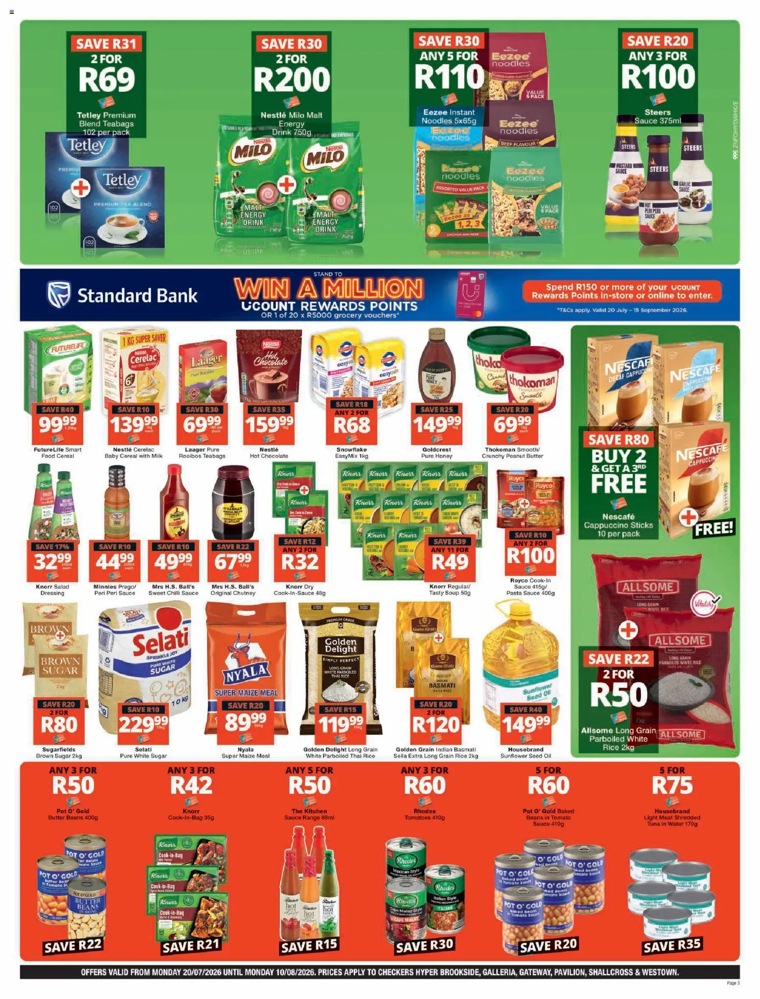 New Checkers catalogue – valid from 20/07/2026 | Page: 3 | Products: Baked beans, Maize meal, Pasta, Chilli