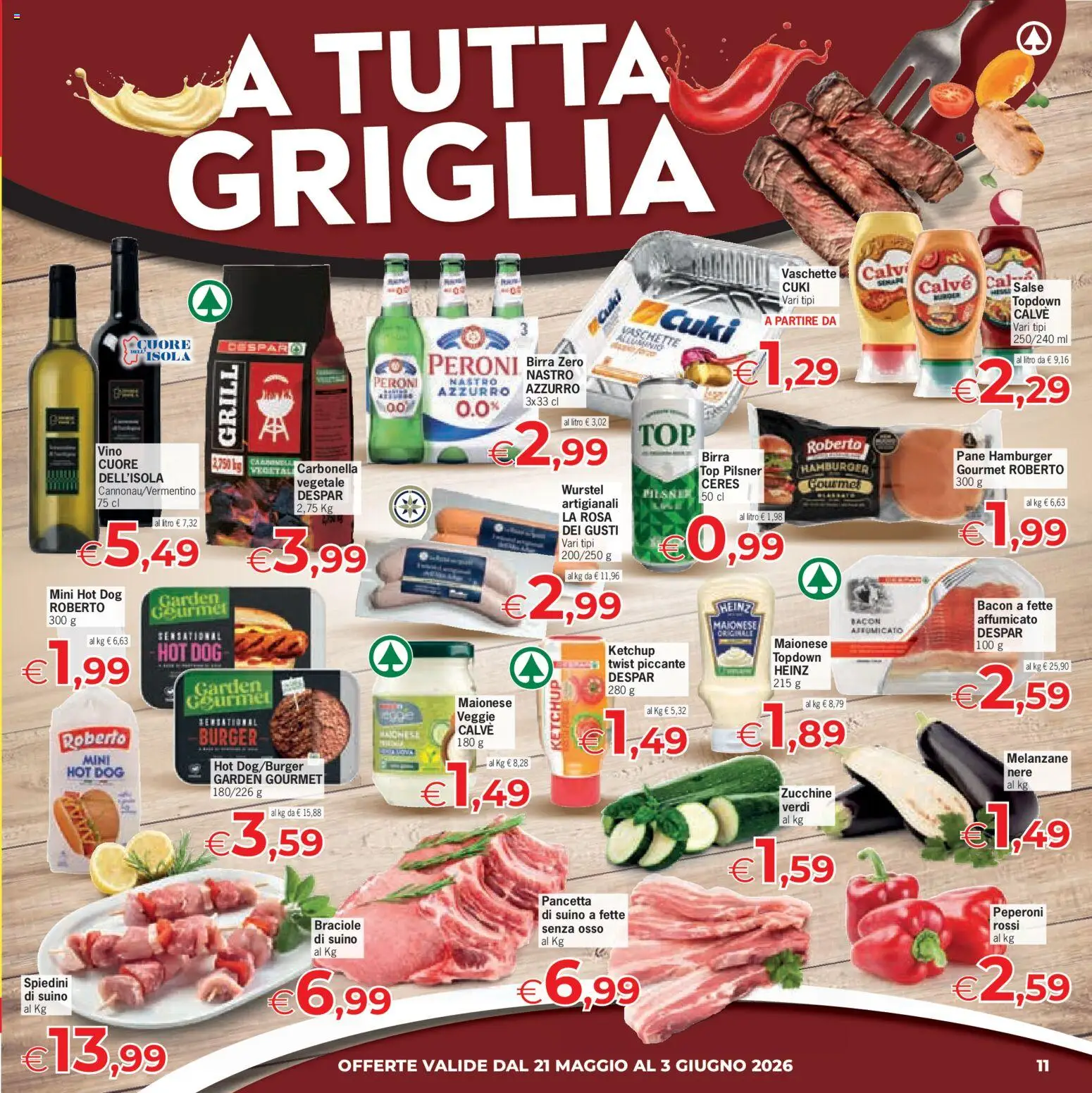 Volantino Eurospar del 21.05.2026 | Pagina: 11 | Prodotti: Suino, Vino, Ceres, Hamburger