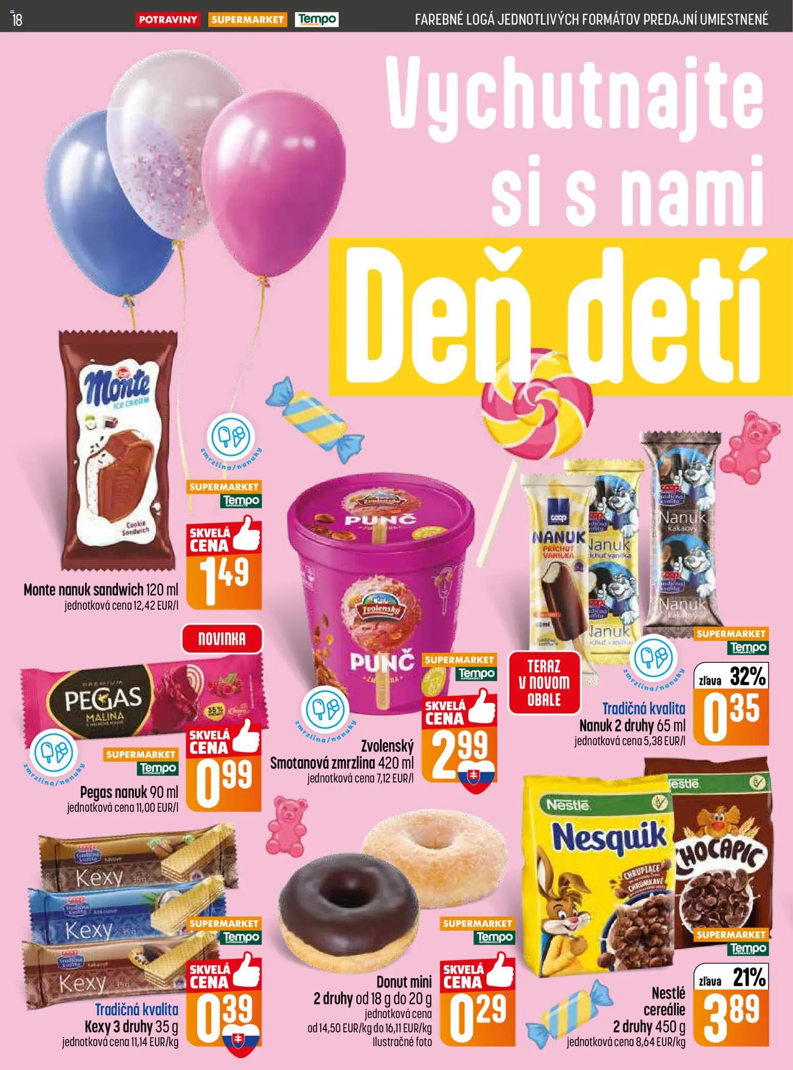 Nové COOP Jednota akcie – leták je platný od 28.05.2026 | Strana: 18 | Produkty: Donut, Nanuk, Zmrzlina, Nesquik