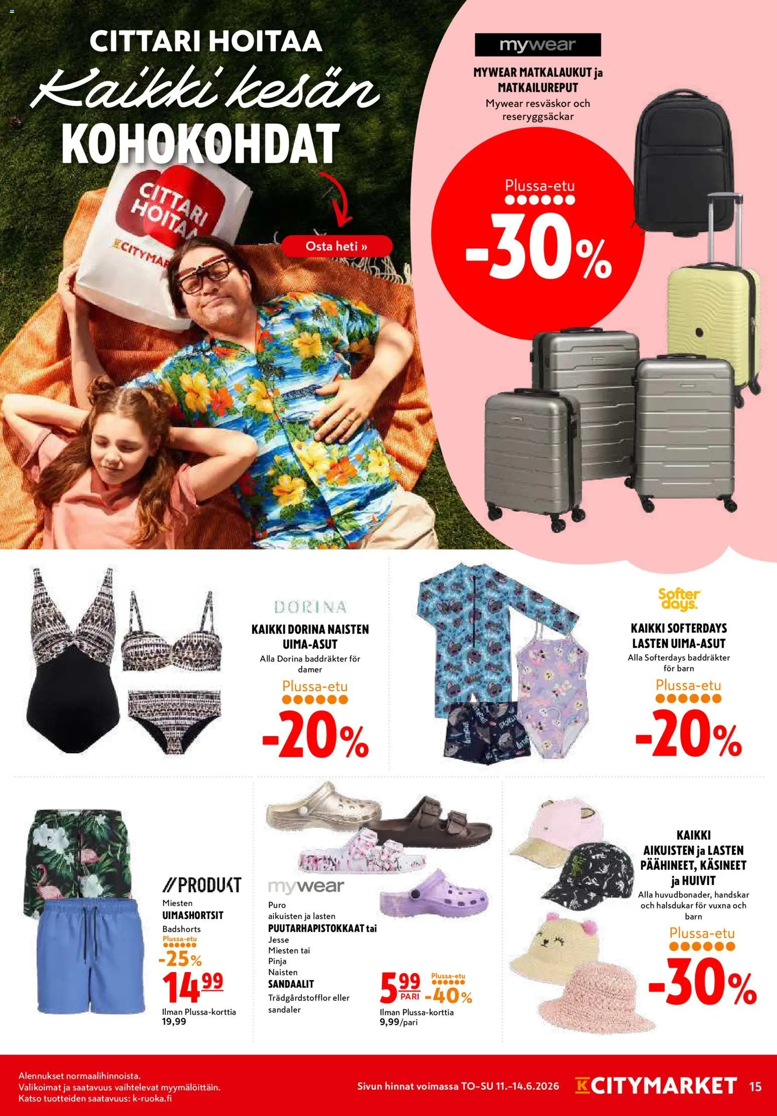K-Citymarket tarjoukset – voimassa 11.06.2026 alkaen | Sivu: 15 | Tuotteet: Uimashortsit, Sandaalit, Käsineet