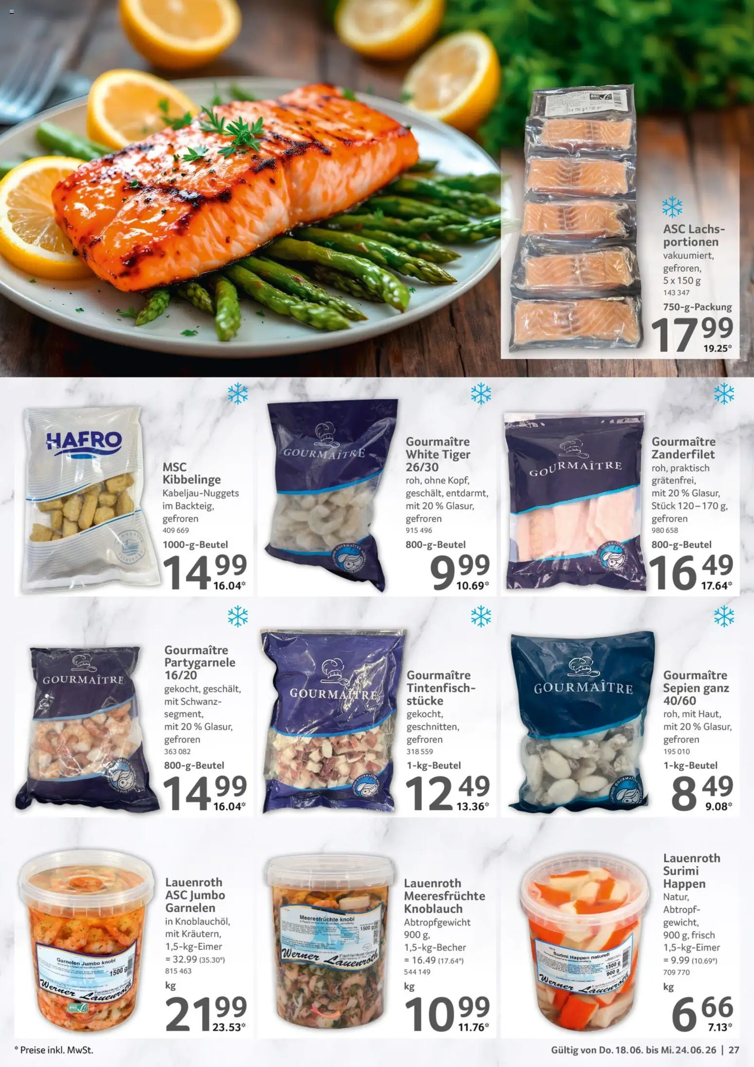 Selgros Prospekt – gültig ab 18.06.2026 | Seite: 27 | Produkte: Garnelen, Tintenfisch, Lachs, Meeresfrüchte