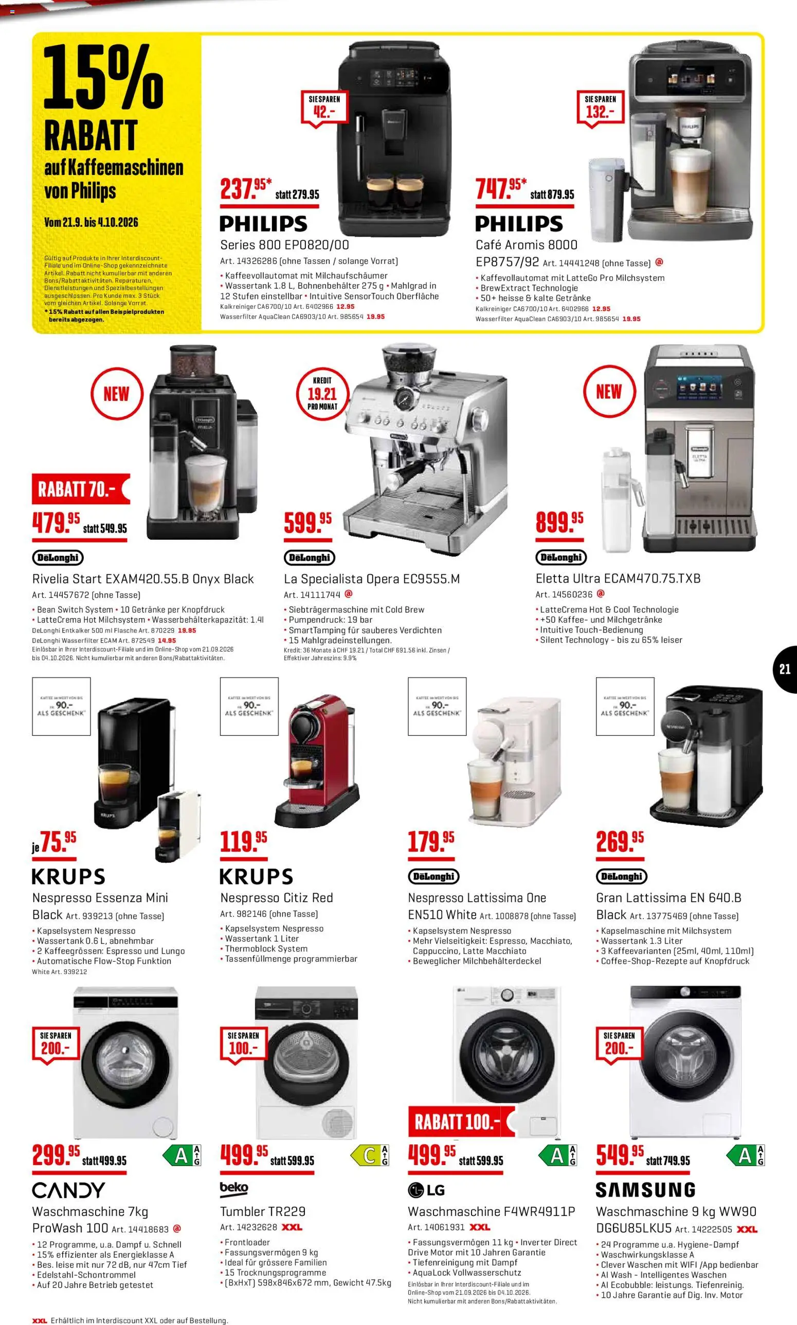Interdiscount aktionen – gültig ab 21.09.2026 | Seite: 21 | Produkte: Kaffee, Kaffeevollautomat, Samsung, Philips