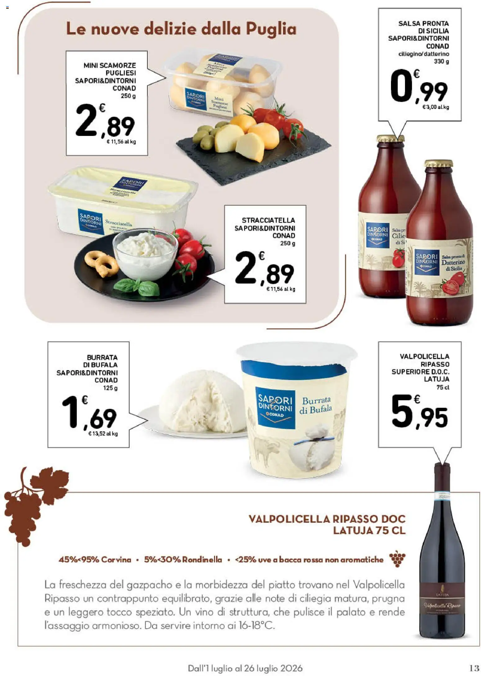 Volantino Spazio Conad del 01/07/2026 | Pagina: 13 | Prodotti: Vino, Piatto, Burrata, Stracciatella