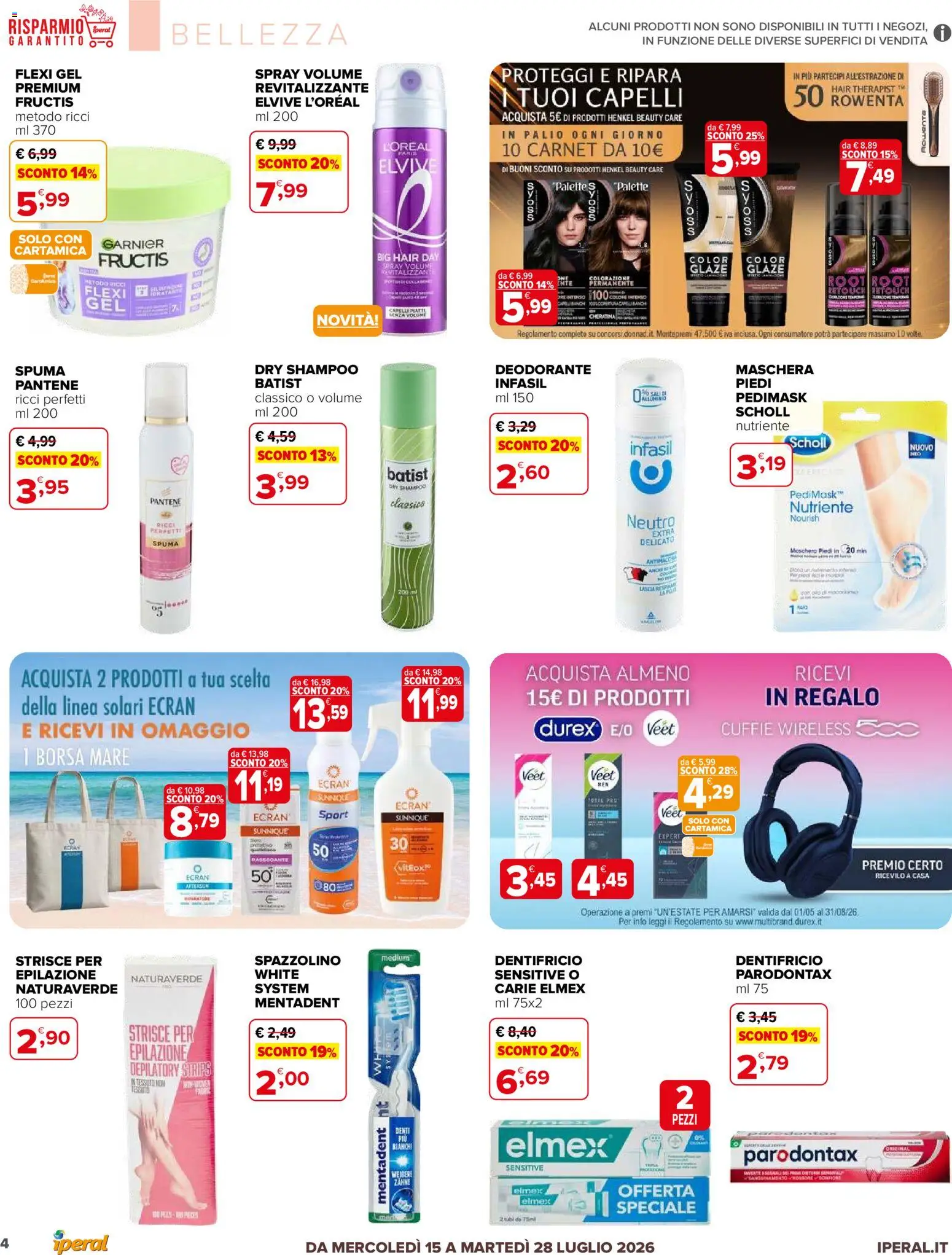Volantino Iperal del 15/07/2026 | Pagina: 4 | Prodotti: Shampoo, Deodorante, Dentifricio, Borsa