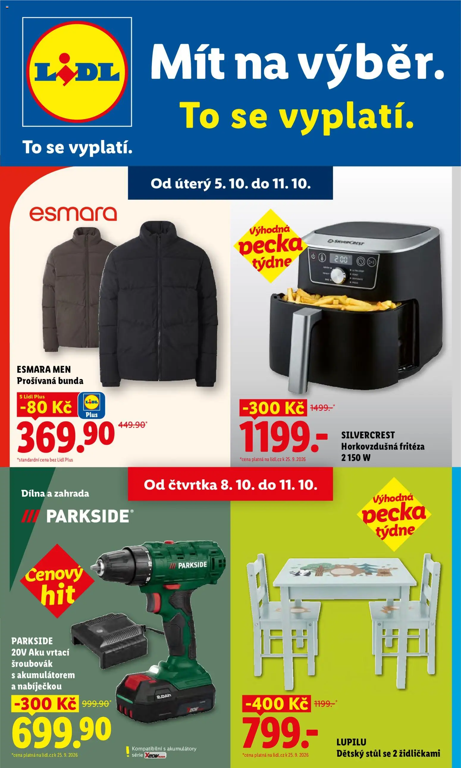 Lidl leták - Spotřební zboží od 05.10.2026 | Strana: 1 | Produkty: Dětský stůl, Fritéza, Stůl, Horkovzdušná fritéza