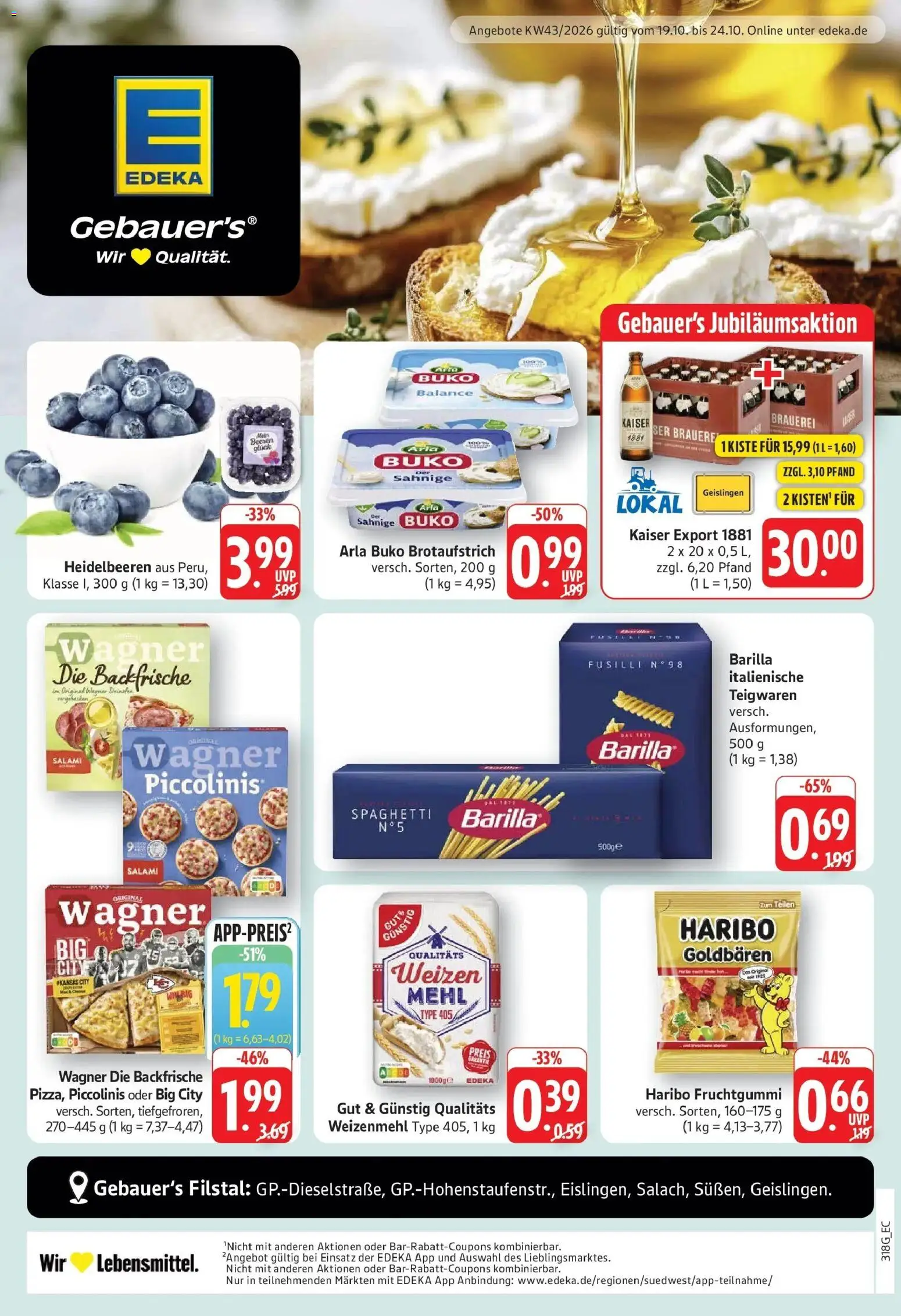Edeka Prospekt Eislingen (ab 19.10.2026) » Angebote Online | Seite: 3 | Produkte: Mehl, Barilla, Heidelbeeren, Arla buko