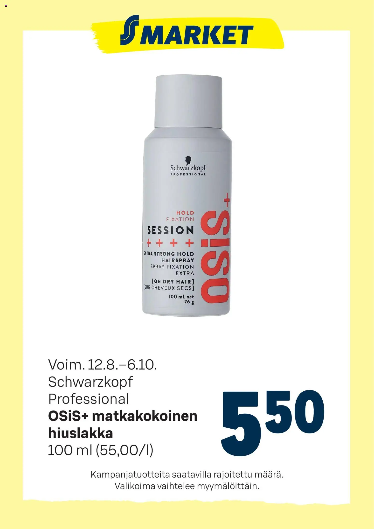 S-market tarjoukset Osis+ matkakoko – voimassa 12/08/2026 alkaen | Sivu: 1 | Tuotteet: Hiuslakka