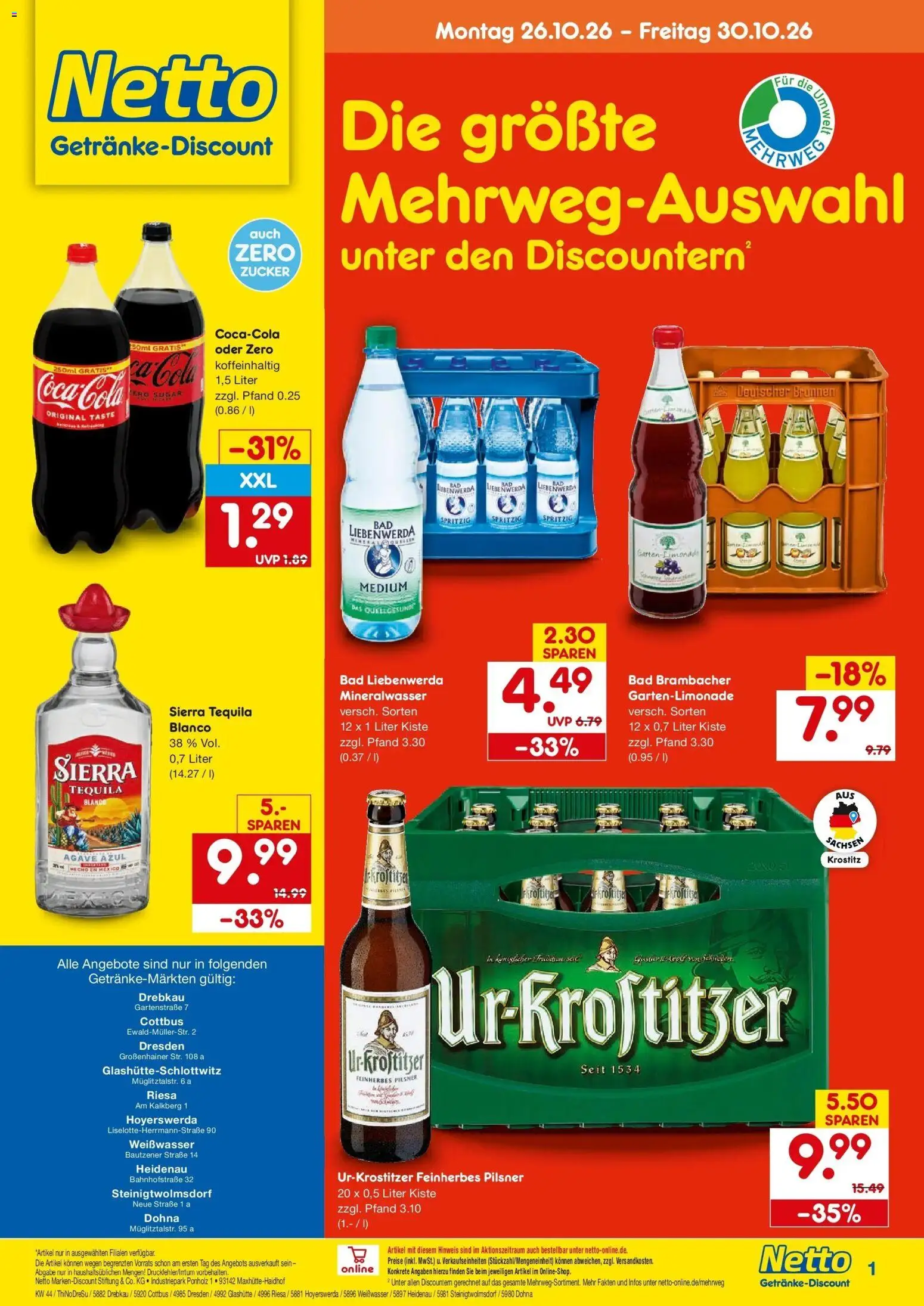 Netto Marken-Discount Prospekt Weißwasser (ab 26.10.2026) » Angebote | Seite: 1 | Produkte: Cola, Bad, Mineralwasser, Tequila