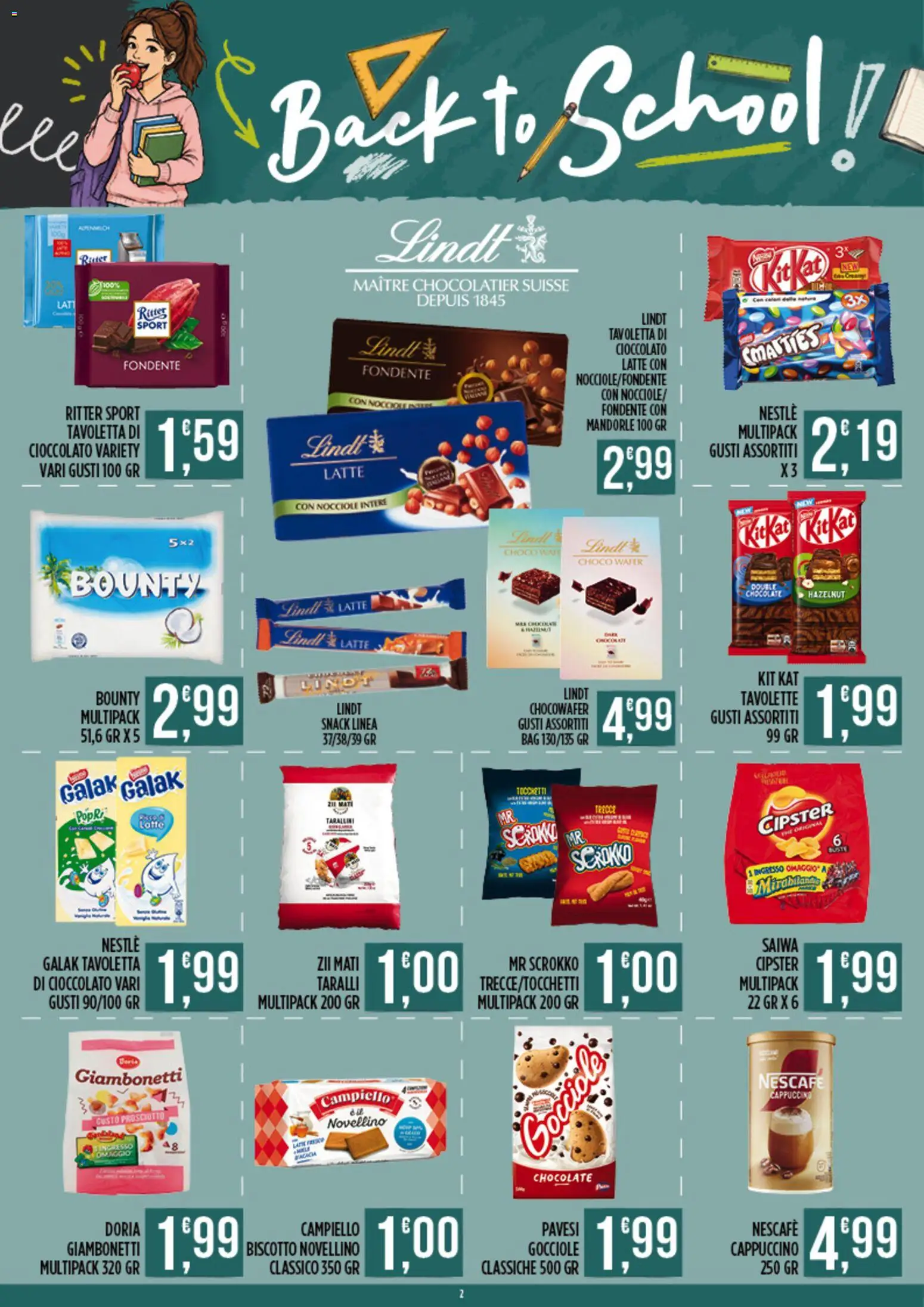 Volantino Euroesse del 21/09/2026 | Pagina: 2 | Prodotti: Lindt, Latte, Nocciole, Nescafé