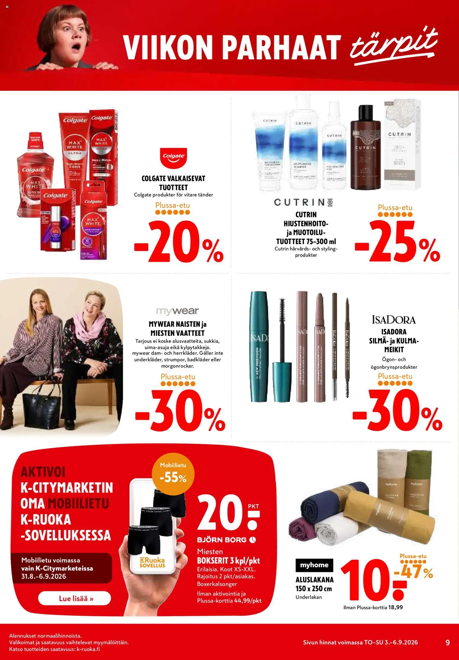K-Citymarket tarjoukset – voimassa 03/09/2026 alkaen | Sivu: 9 | Tuotteet: Aluslakana, Vaatteet, Bokserit