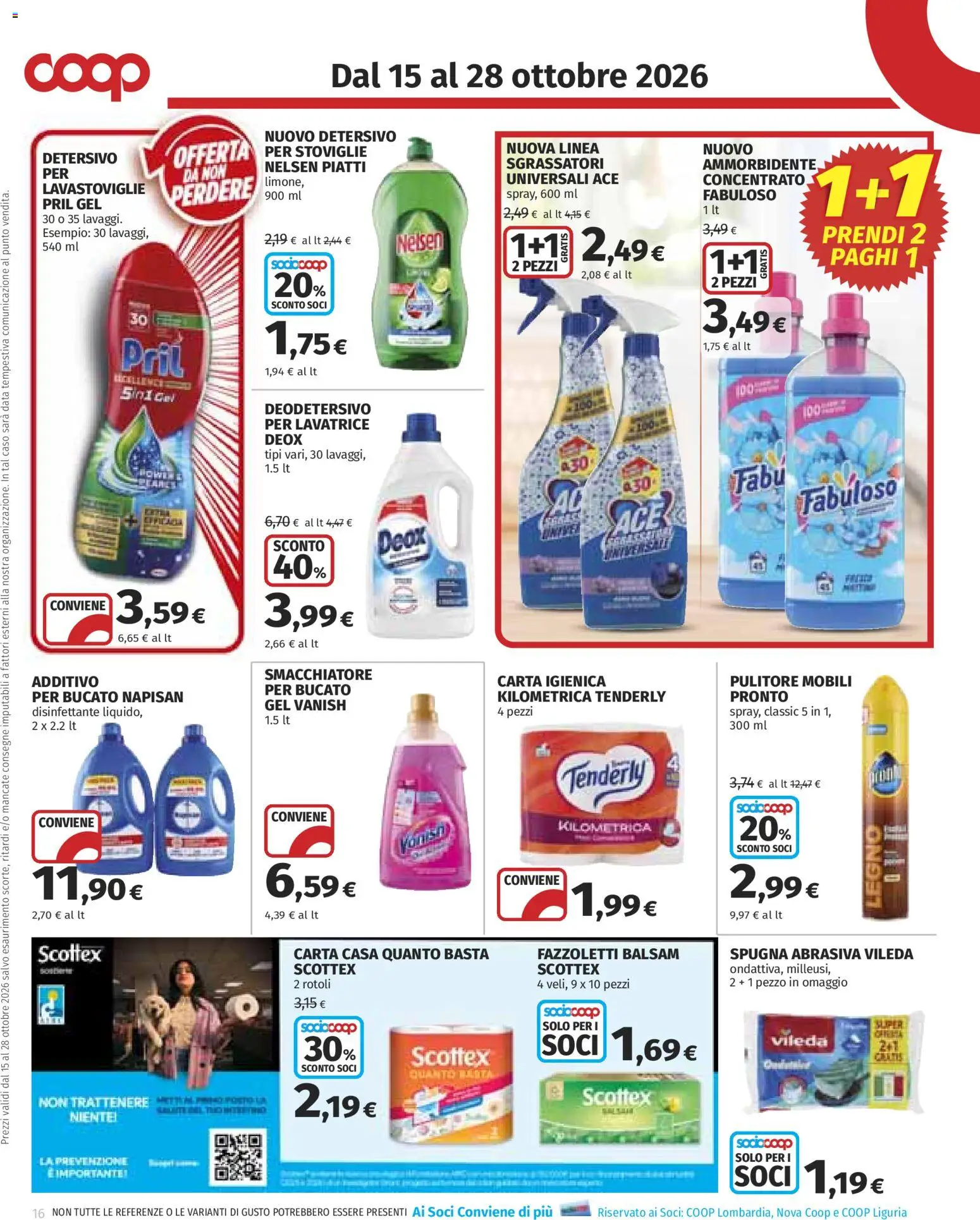 Volantino COOP del 15/10/2026 | Pagina: 16 | Prodotti: Spugna, Lavatrice, Lavastoviglie, Data