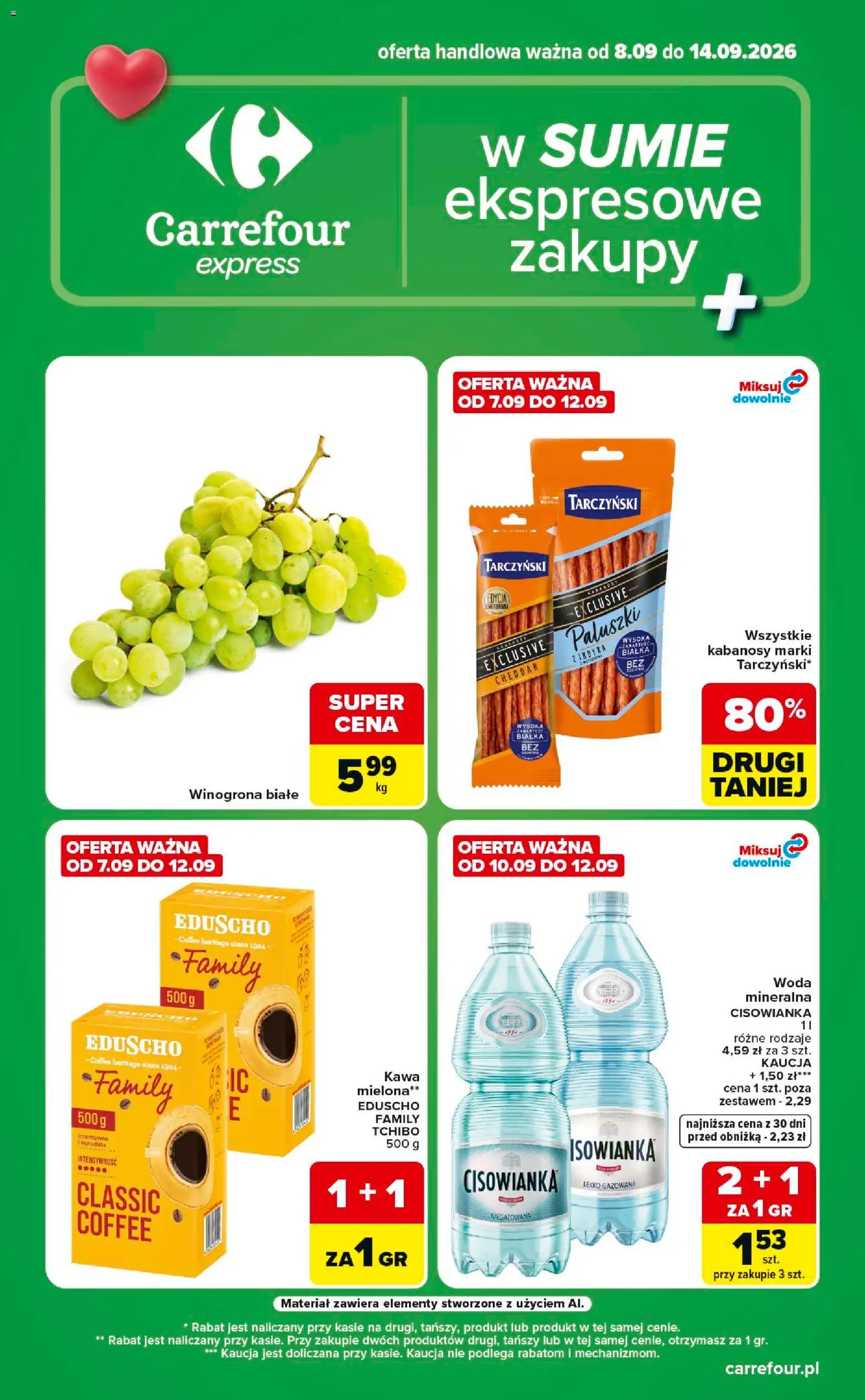 Carrefour gazetka - Express od 08.09.2026 | Strona: 1 | Produkty: Kabanosy, Kawa, Cheddar, Woda