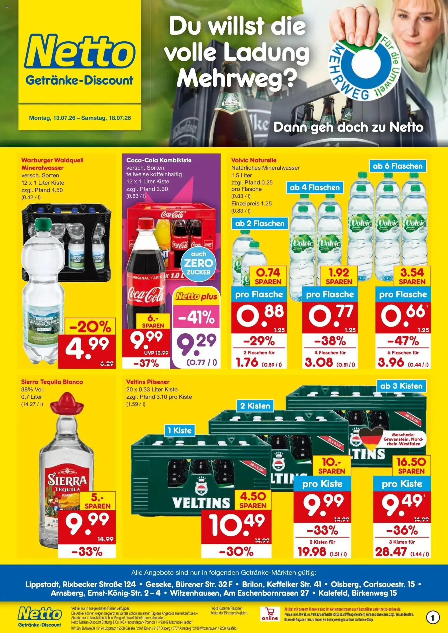 Netto Marken-Discount Prospekt Lippstadt – gültig ab 13.07.2026 | Seite: 1 | Produkte: Cola, Mineralwasser, Volvic, Veltins