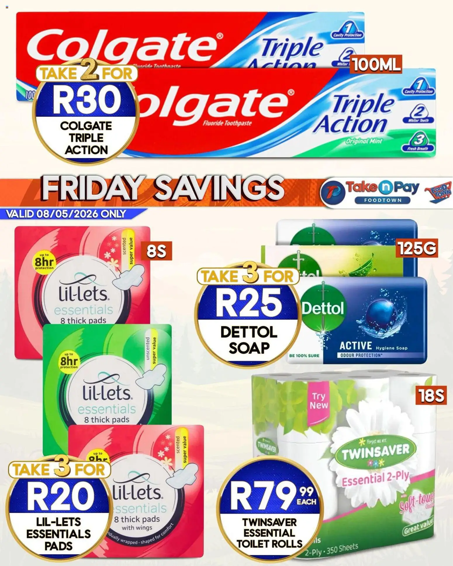 New Take n Pay catalogue – valid from 08.05.2026 | Page: 3 | Products: Toilet, Pads, Soap