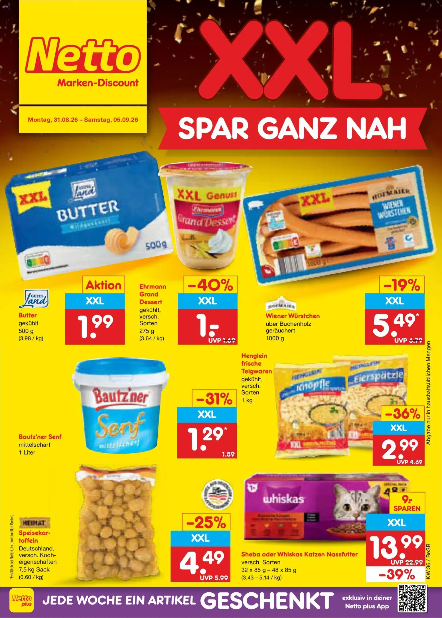 Netto Marken-Discount Prospekt – gültig ab 31.08.2026 | Seite: 1 | Produkte: Sheba, Wiener wurstchen, Butter, Whiskas